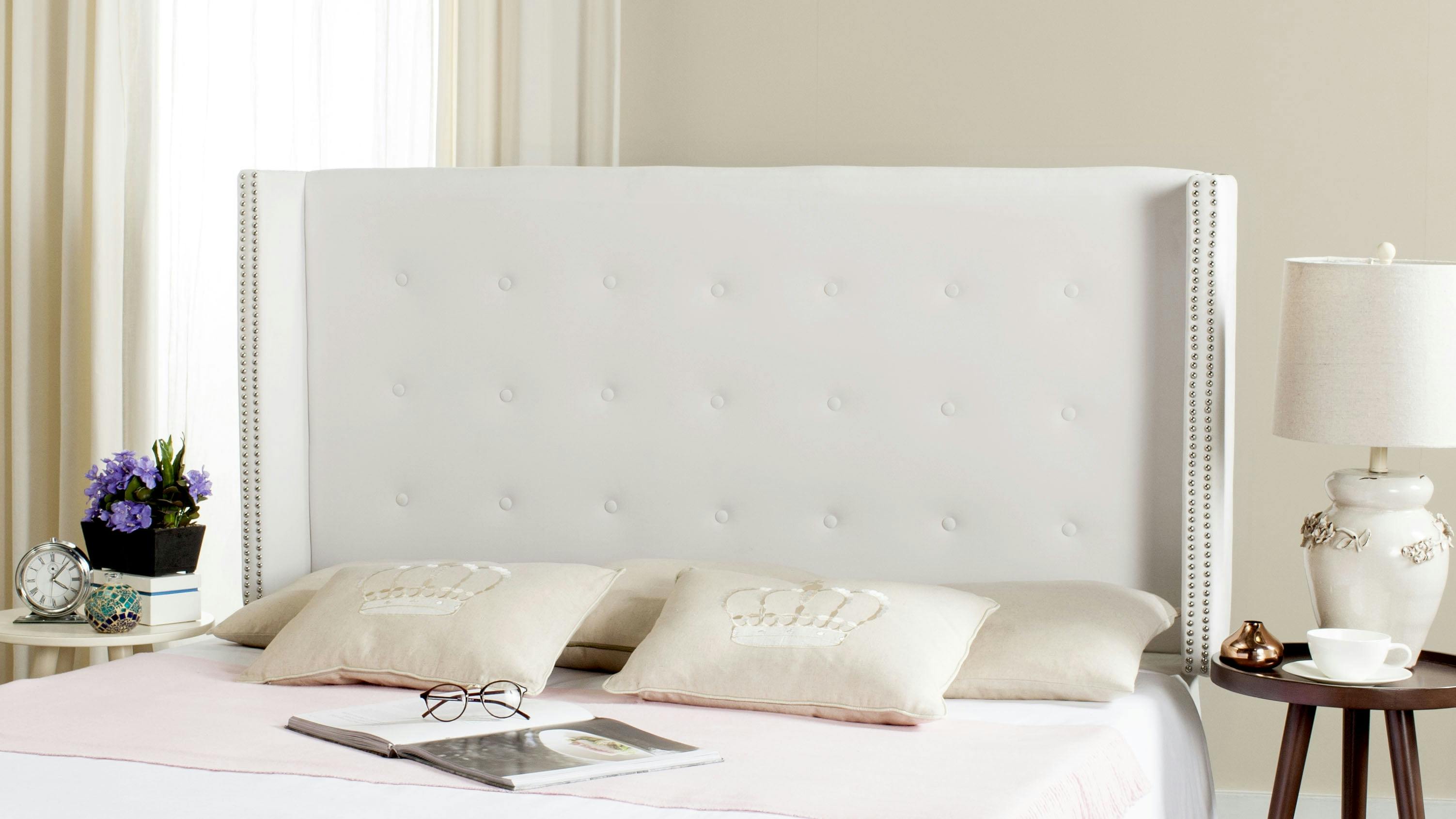 Elegant White Velvet Tufted Queen Winged Headboard with Silver Nailheads