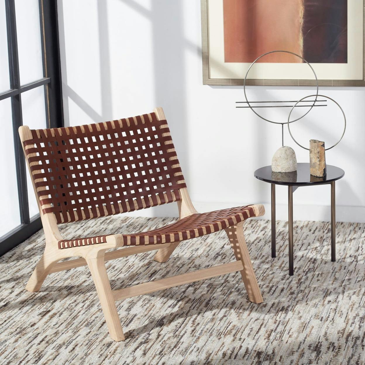Luna Cognac Leather and Natural Wood Woven Accent Chair