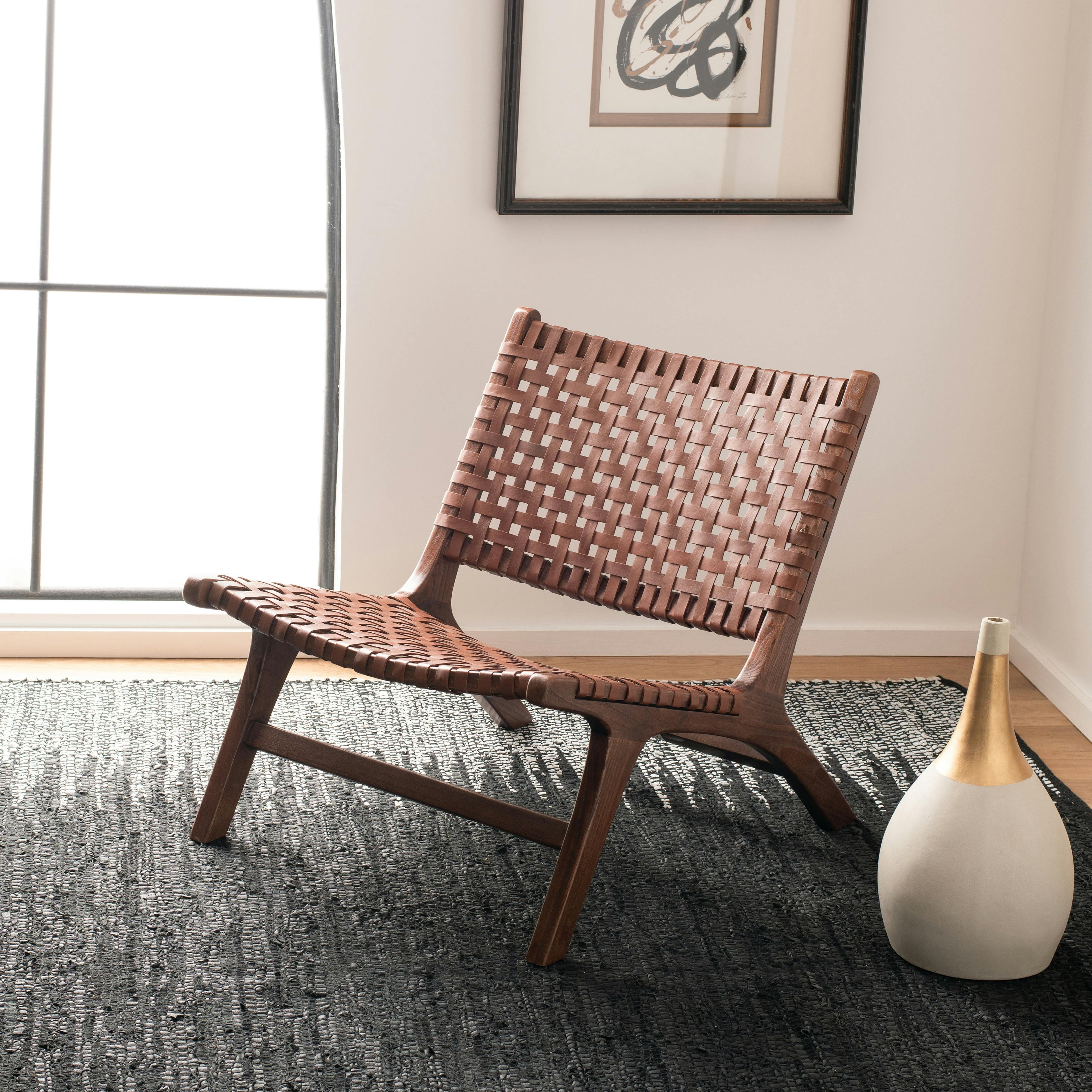 Cognac Brown Leather & Sungkai Wood Transitional Side Chair