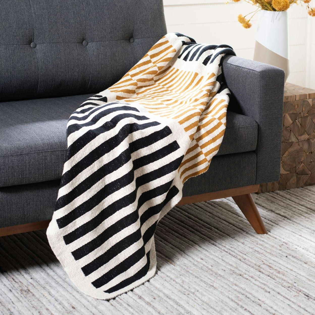 Lupin Mustard and Black Striped Cotton Knitted Throw Blanket