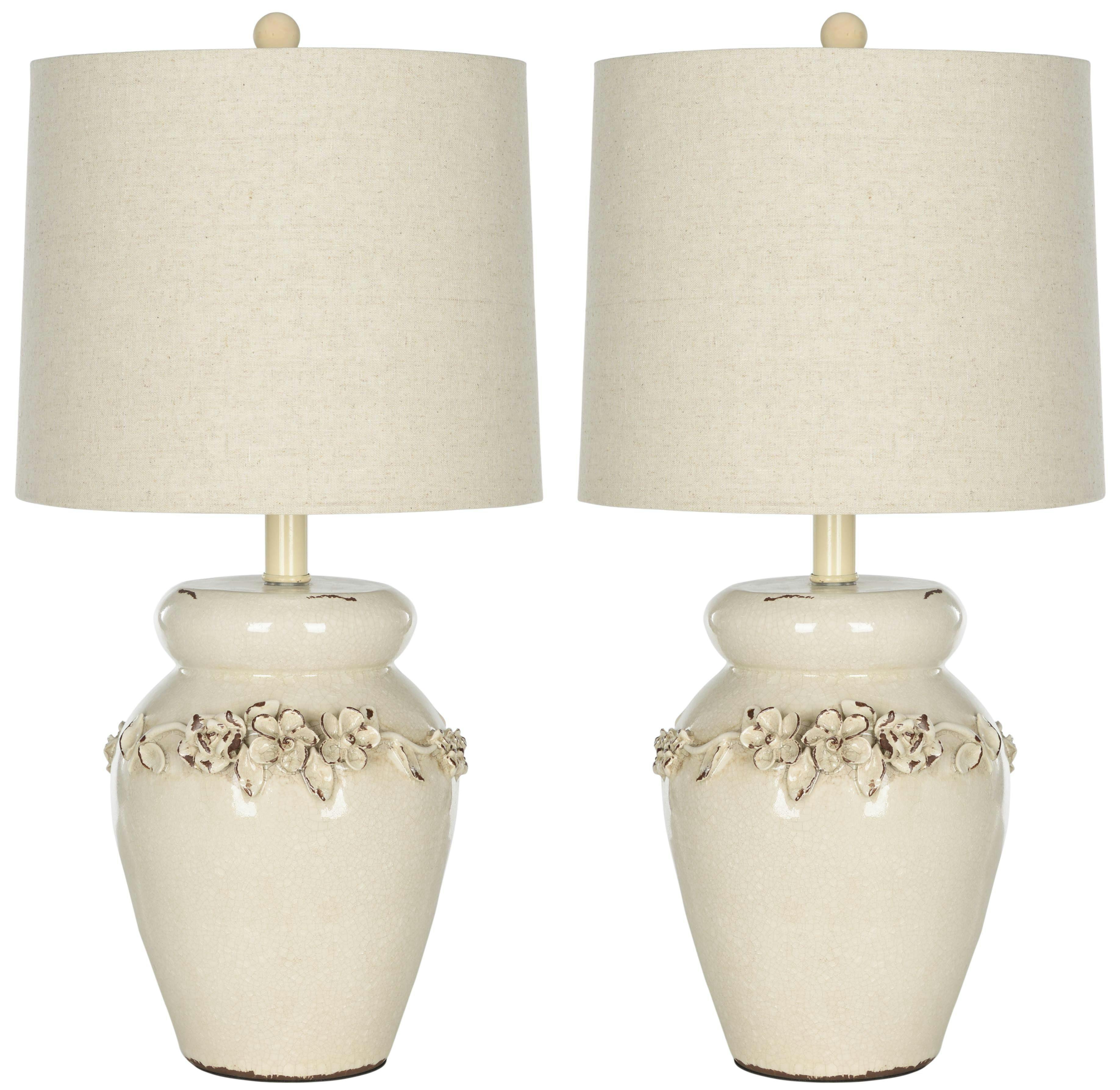 Tuscan Inspired Cream Ceramic Vase Table Lamp Set with Linen Shade