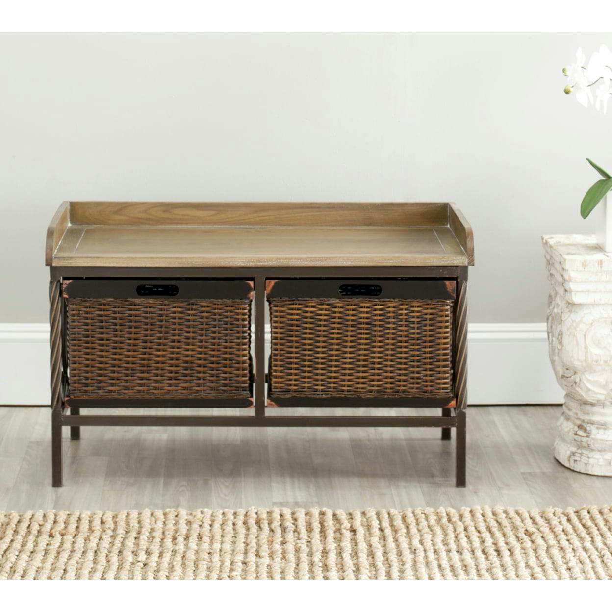 Transitional White Elm Wood Storage Bench with Antiqued Pewter Frame