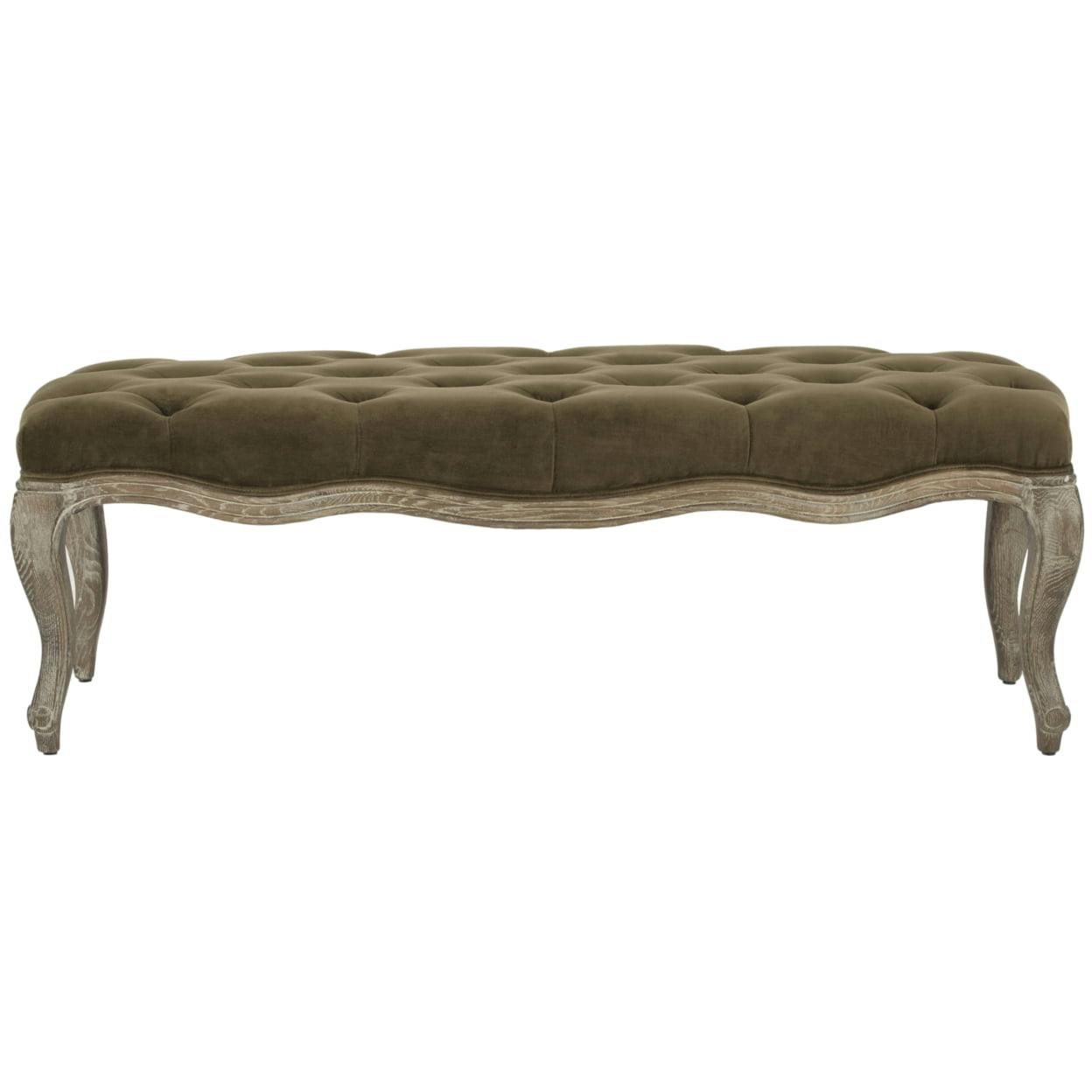 Transitional Spruce Green Velour 52" Ramsey Bench with Carved Oak Frame