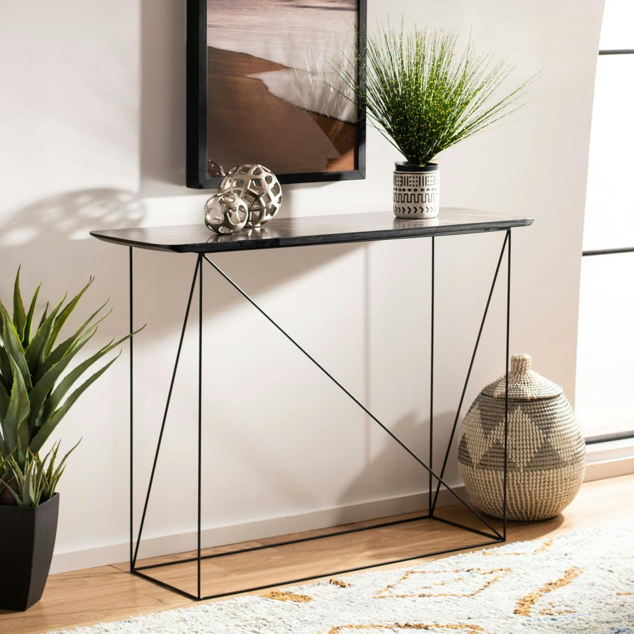Transitional Black Wood and Metal Console Table with Storage