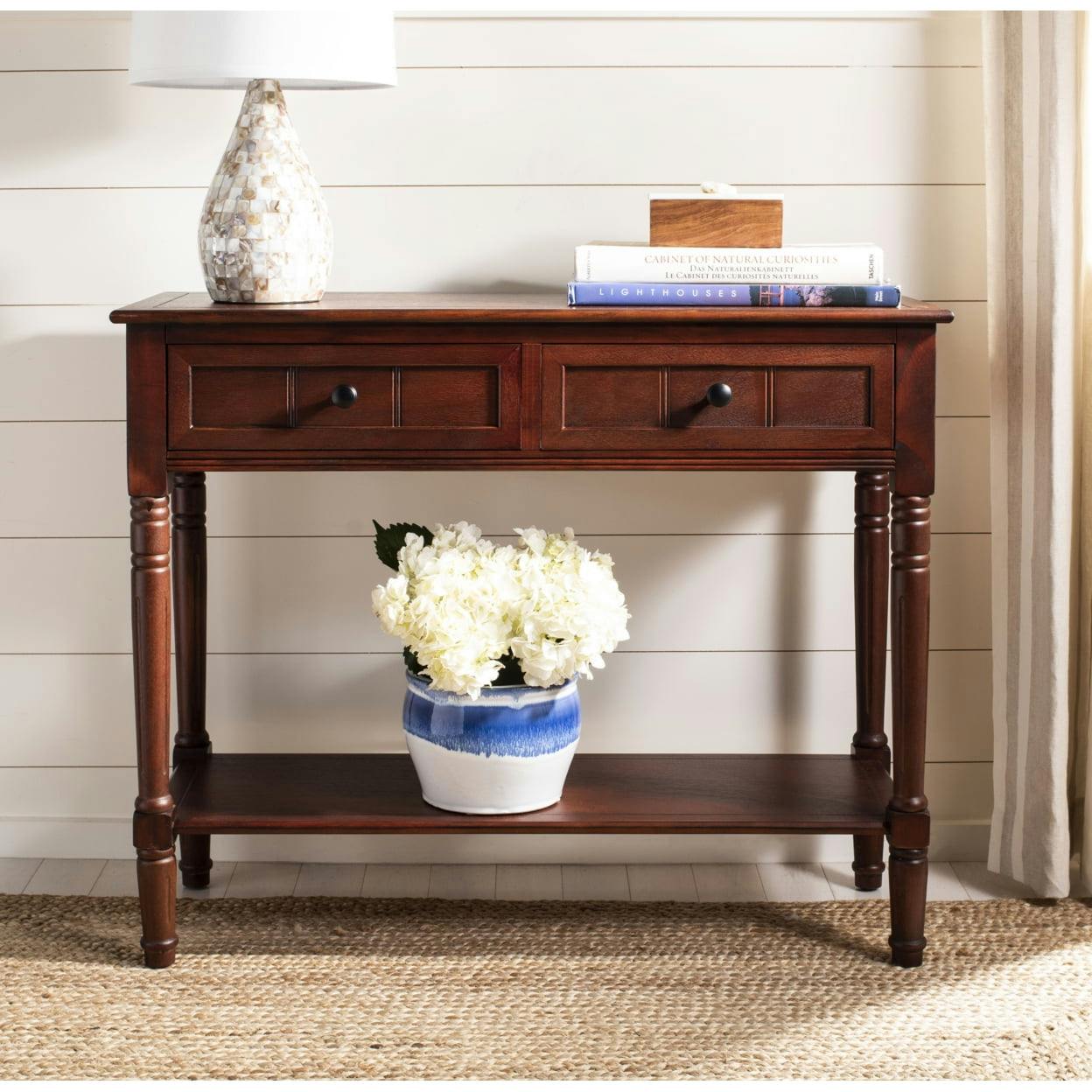 Transitional Dark Cherry Wood & Metal Console Table with Storage