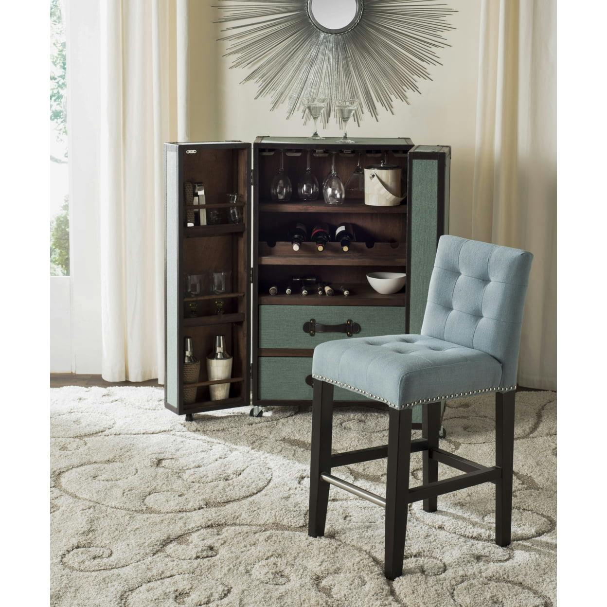 Transitional Sky Blue Leather & Metal Counter Stool with Silver Nailheads