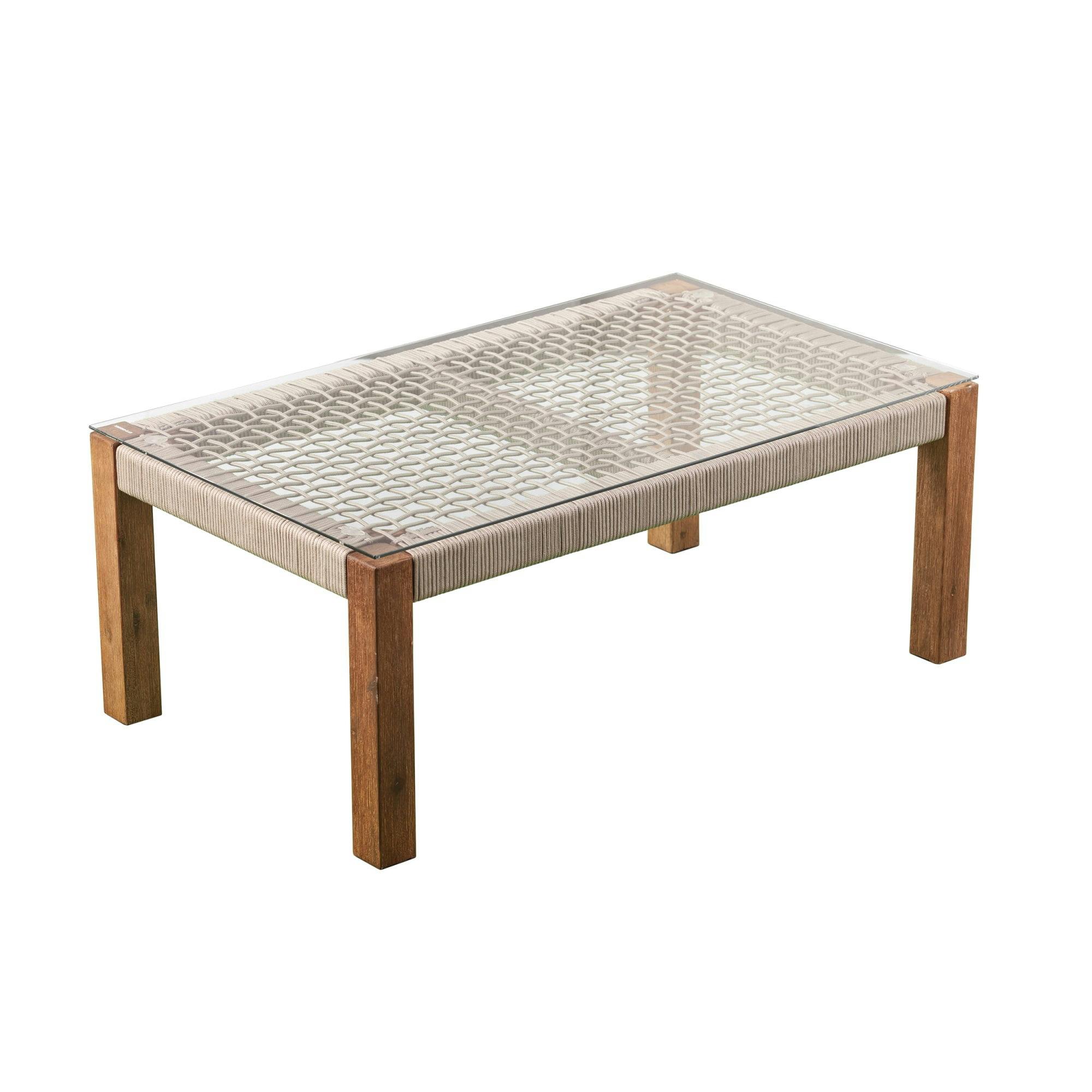 Brendina Natural Acacia and Woven Rope Outdoor Cocktail Table with Glass Top