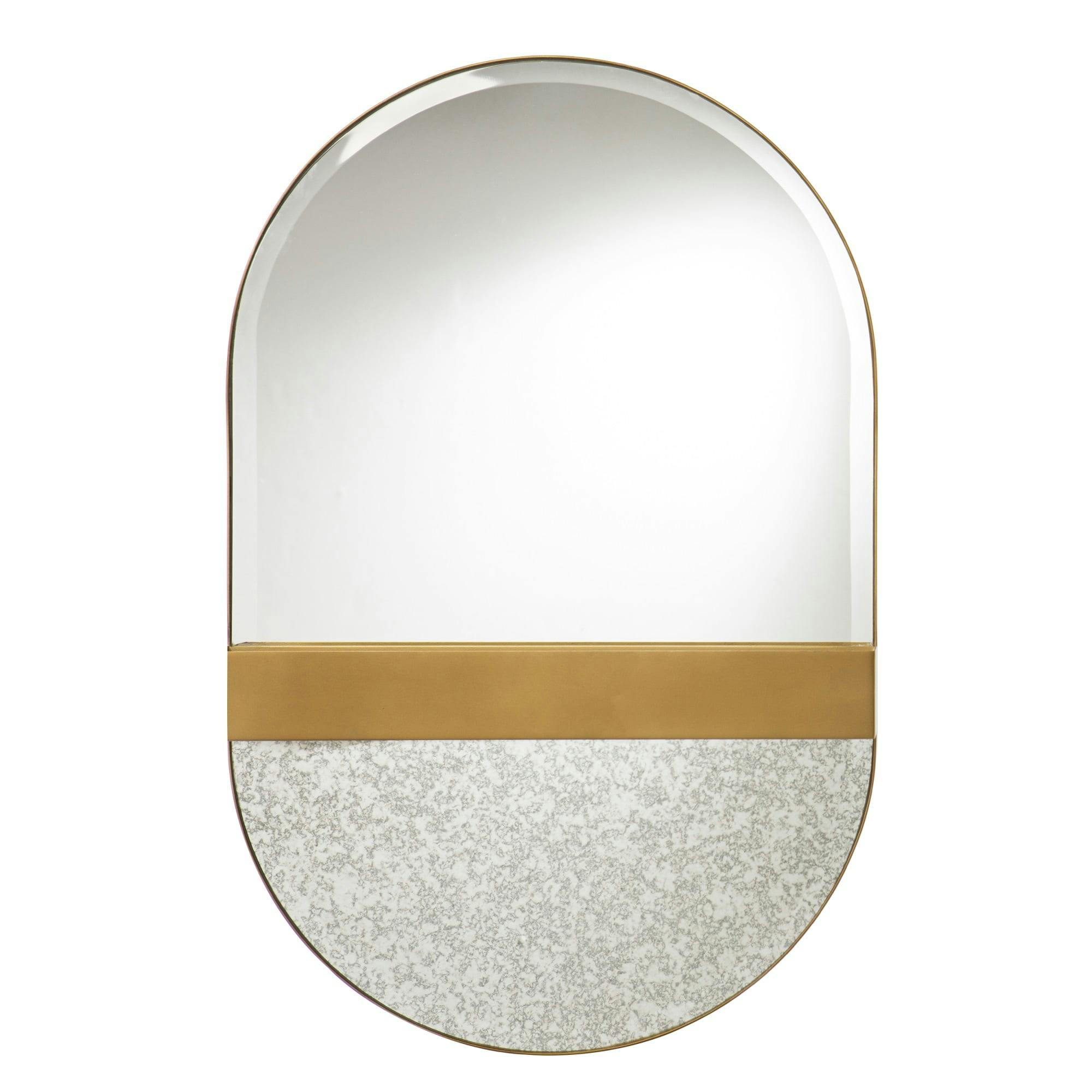 Modern Gold Oval Wood Vanity Mirror with Storage