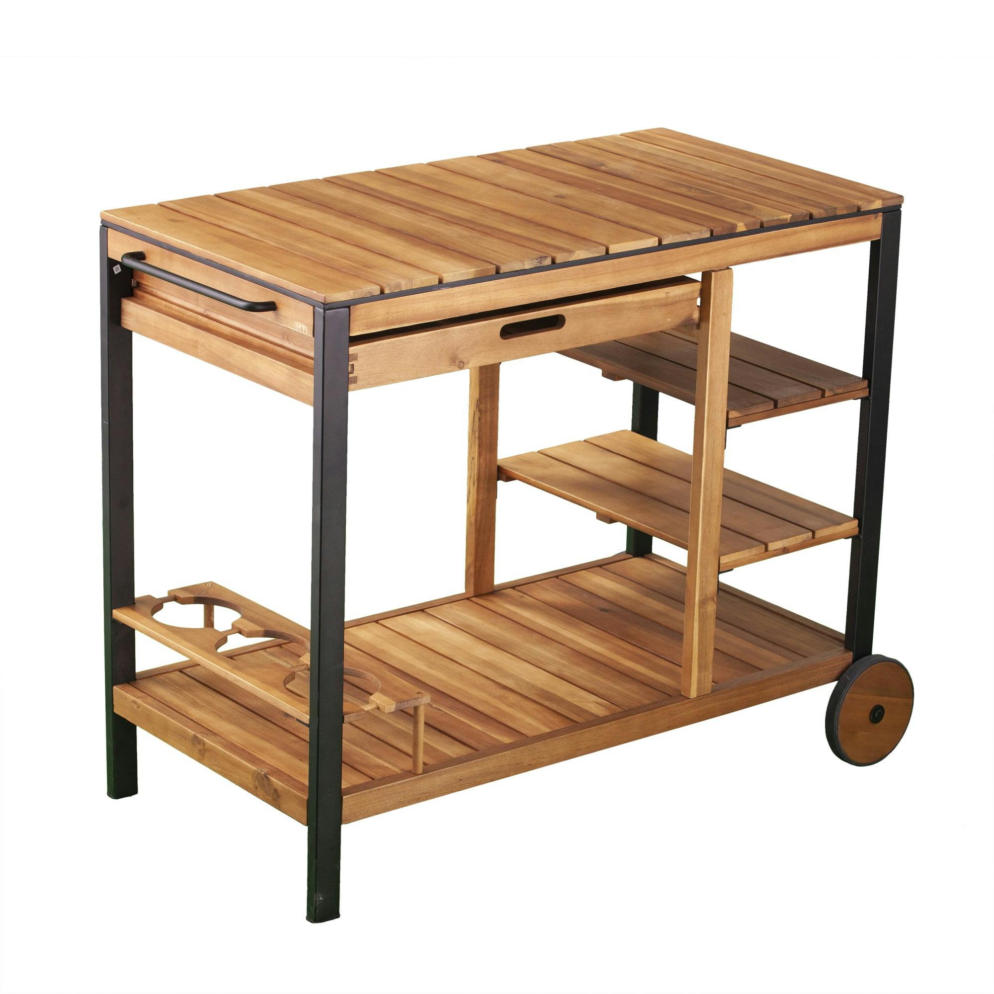 Murcott Two-Tone Natural Acacia & Metal Outdoor Bar Cart with Storage