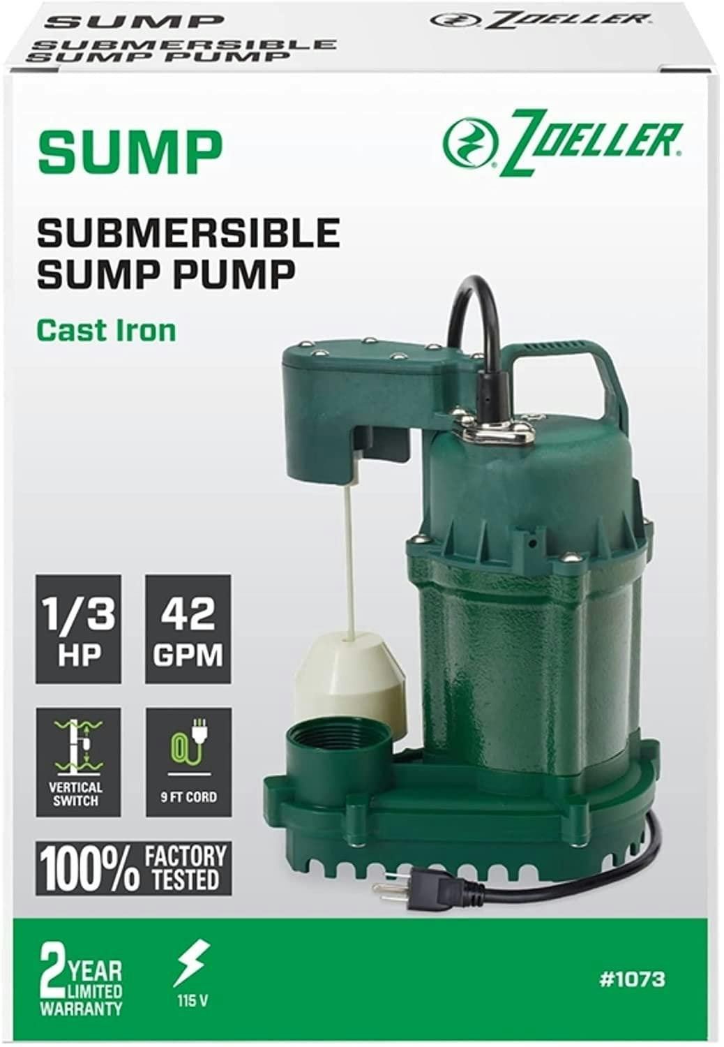 Rugged Cast Iron 1/3 HP Submersible Sump Pump with Vortex Impeller