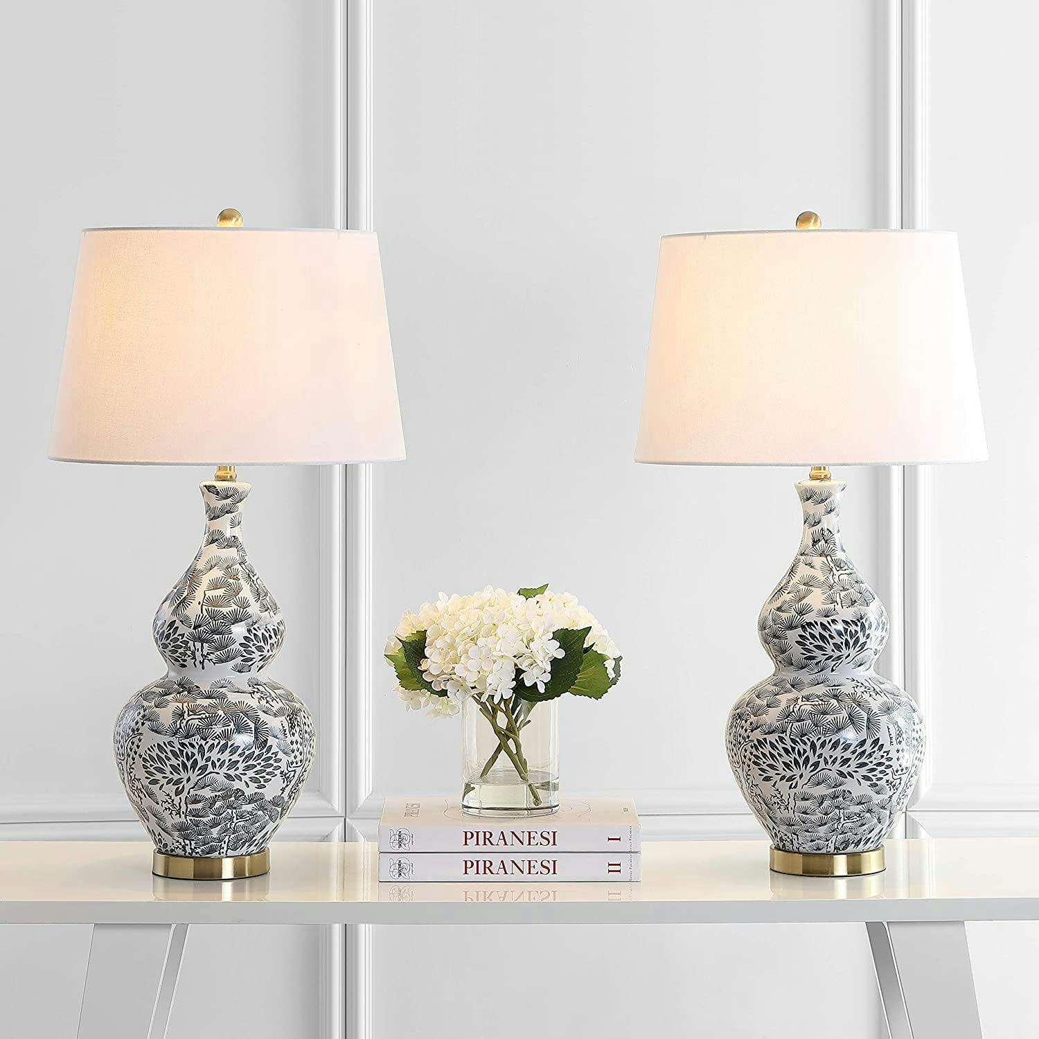Exotic Floral Black & White Ceramic Table Lamp Set with Brass Accents