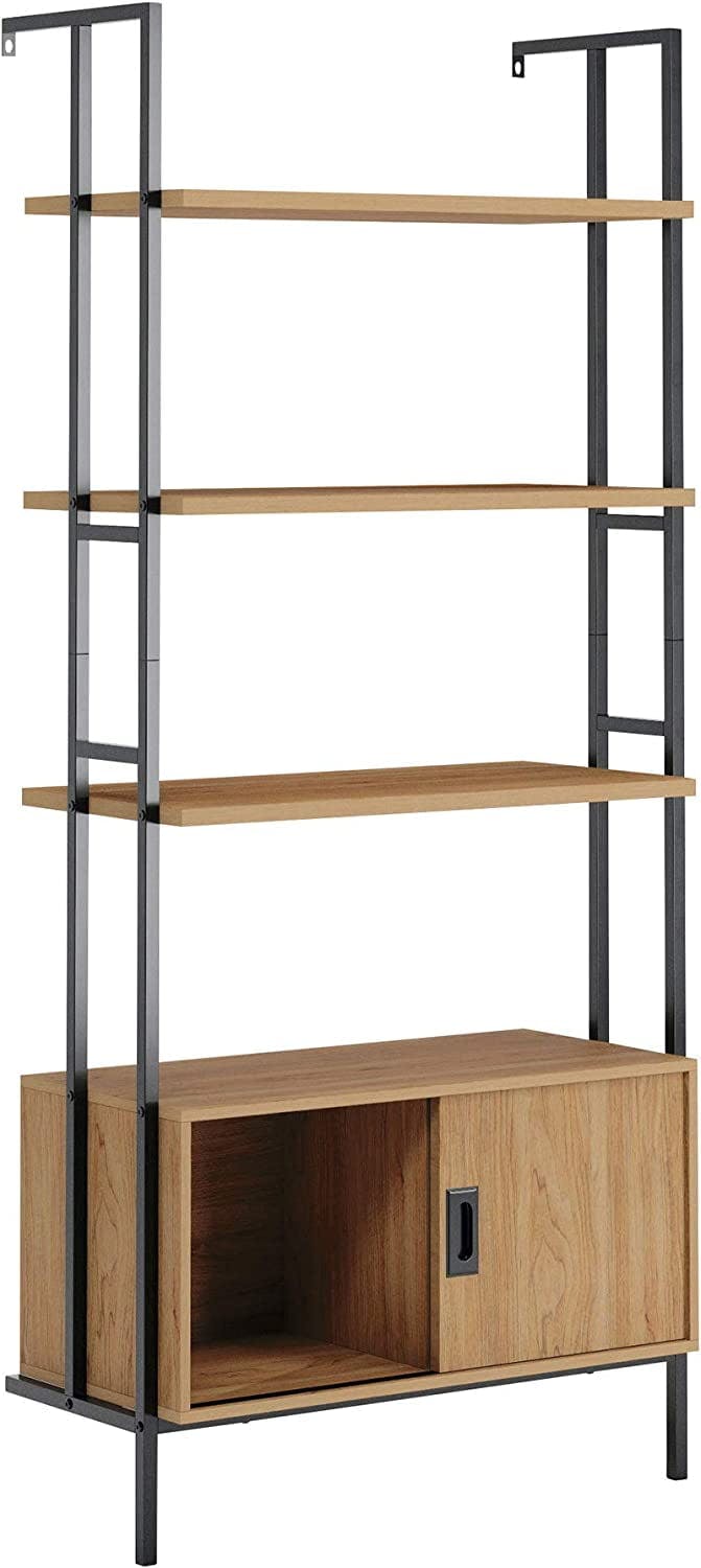 Serene Walnut Wall-Mounted Bookcase with Sliding Door in Black