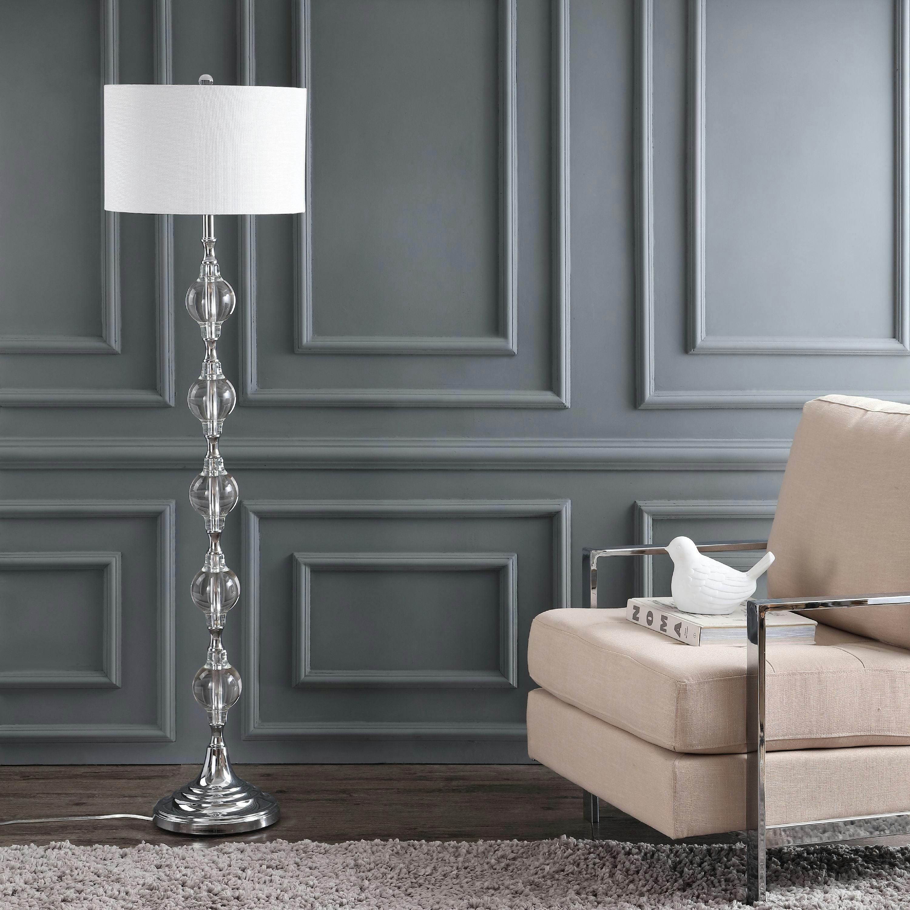 Elegant Lucida 60'' Chrome and Crystal Floor Lamp with Off-White Shade