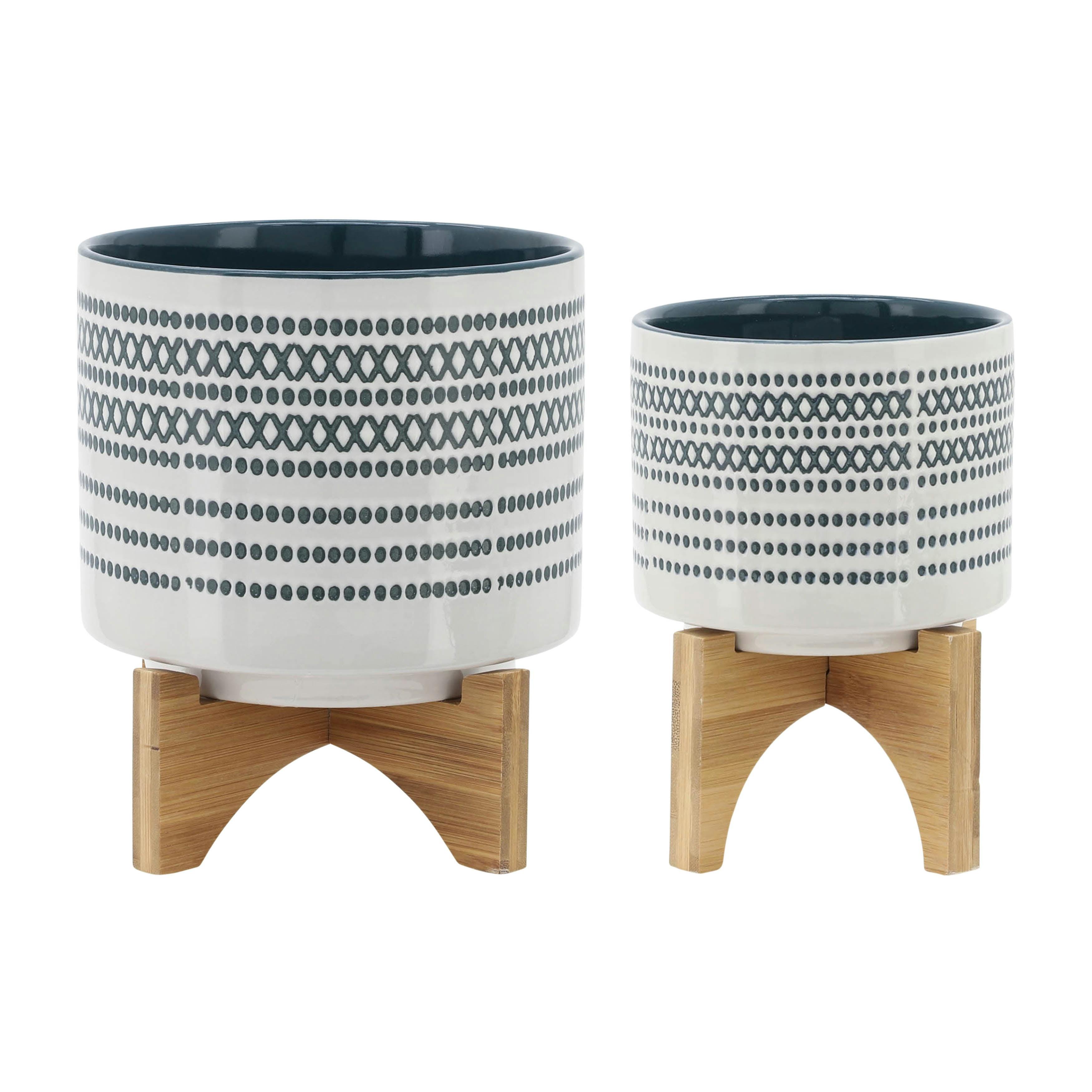 Contemporary Blue Ceramic Dot Design Planter Set on Wooden Stands