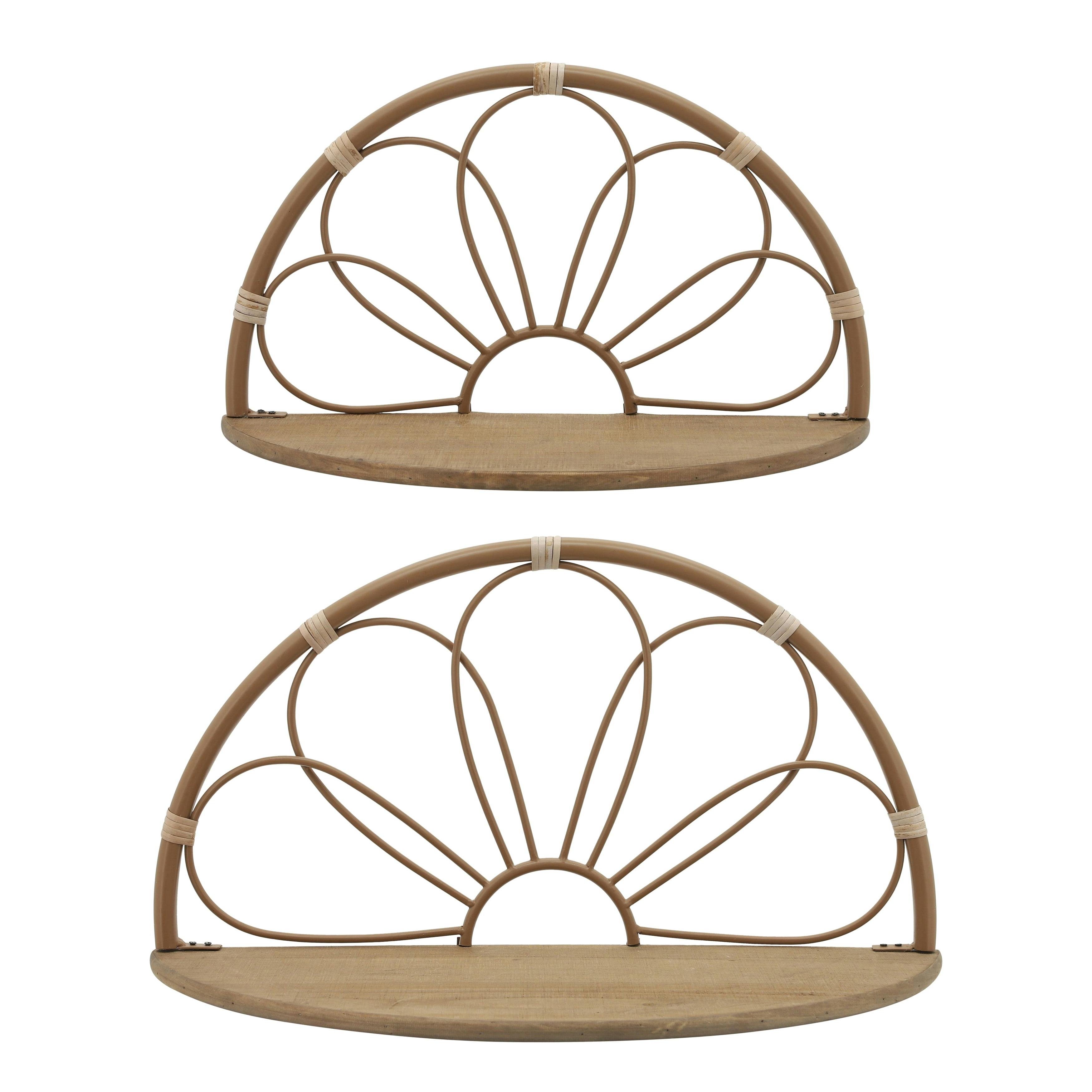 Contemporary Arched Brown Iron Flower Wall Shelves, Set of 2