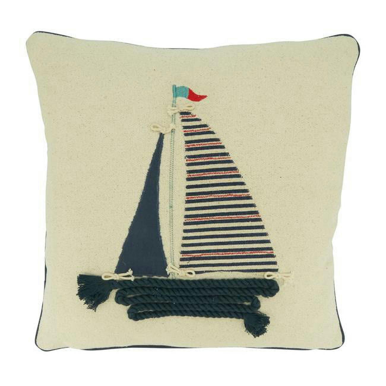 Nautical Charm Cotton Sail Boat Appliqué Euro Pillow Cover, Blue and Cream