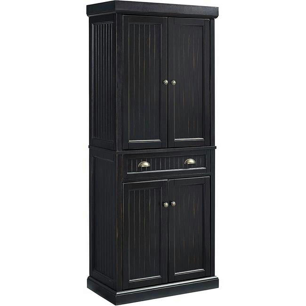 Seaside Distressed Black Solid Hardwood Coastal Pantry Cabinet
