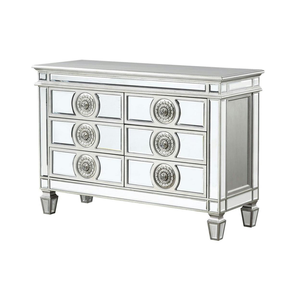 Elegant Silver Mirrored Server with Medallion Front and 6 Drawers