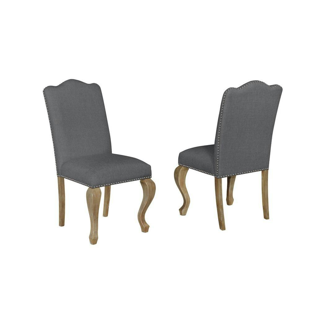 Rustic Oak Wood Legs Gray Linen Upholstered Side Chairs, Set of 2