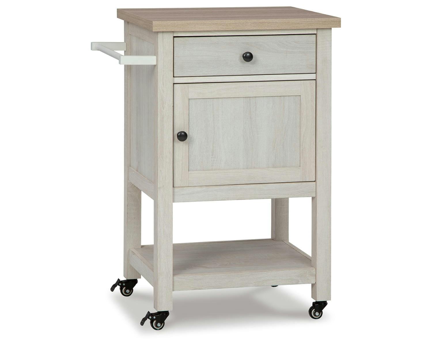 Transitional Beige and White Bar Cart with Storage Drawer