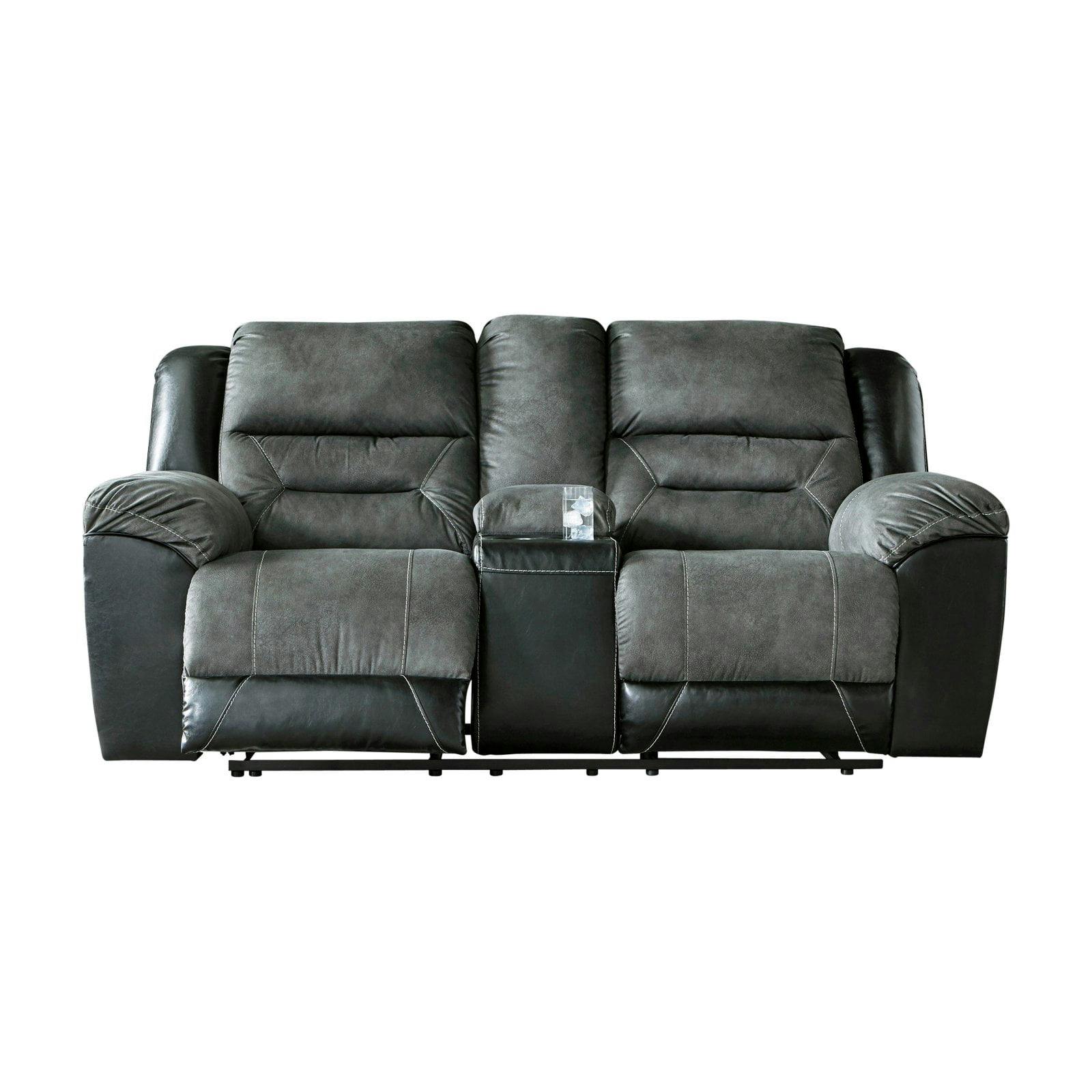 Slate Gray Tufted Reclining Loveseat with Cup Holder in Faux Leather