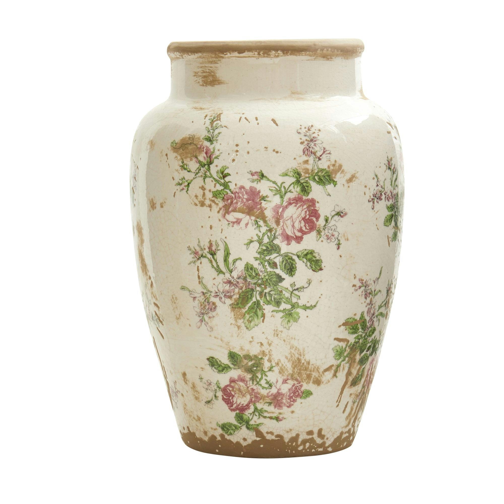 Modern White Ceramic Bottle Vase with Botanical Theme