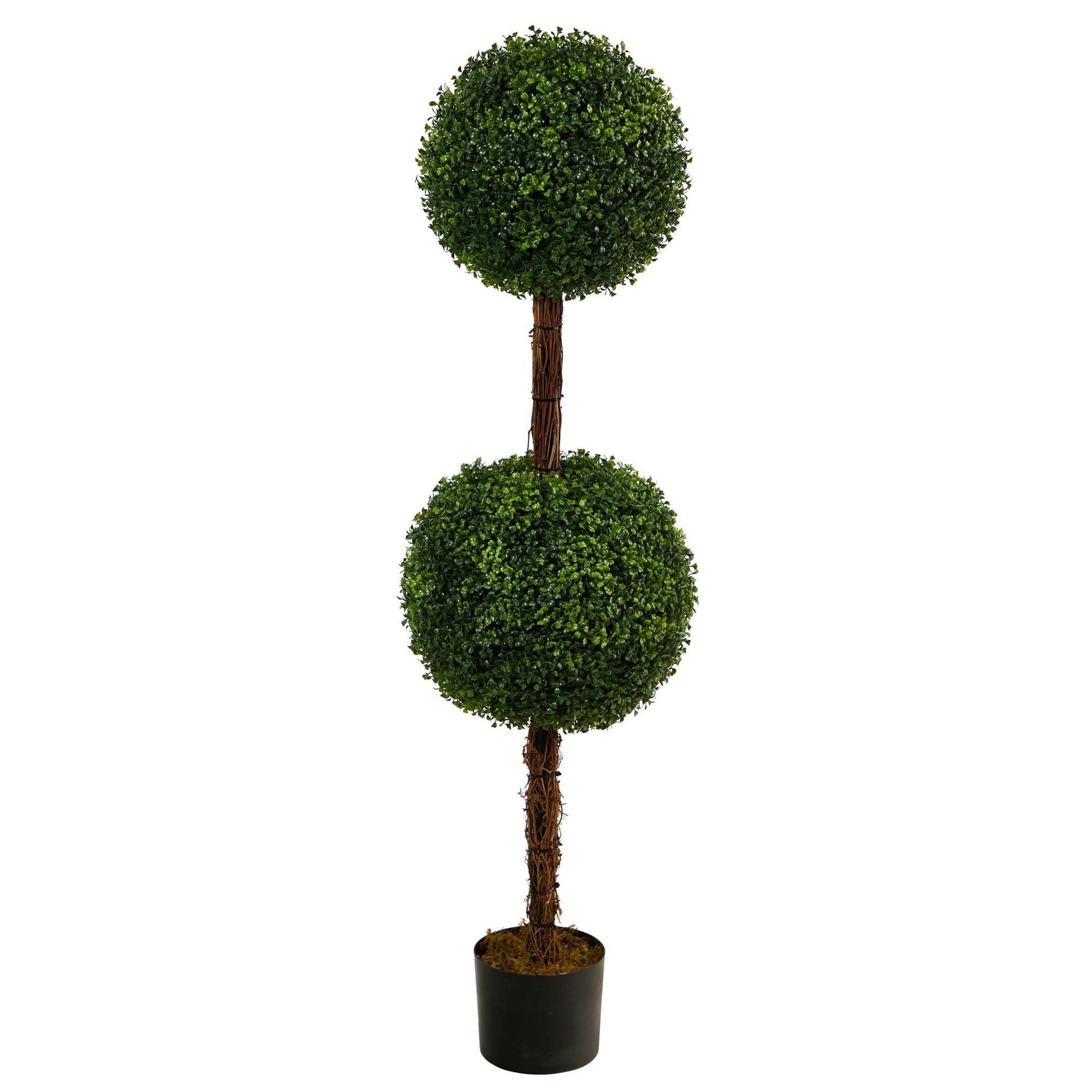 Elegant 54" Double Ball Boxwood Topiary in Black Planter