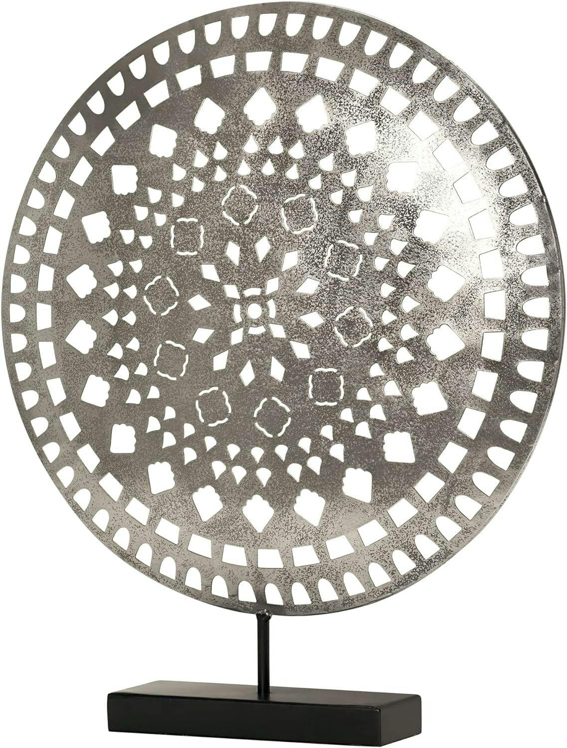 Distressed Silver Geometric Medallion Metal Sculpture on Stand