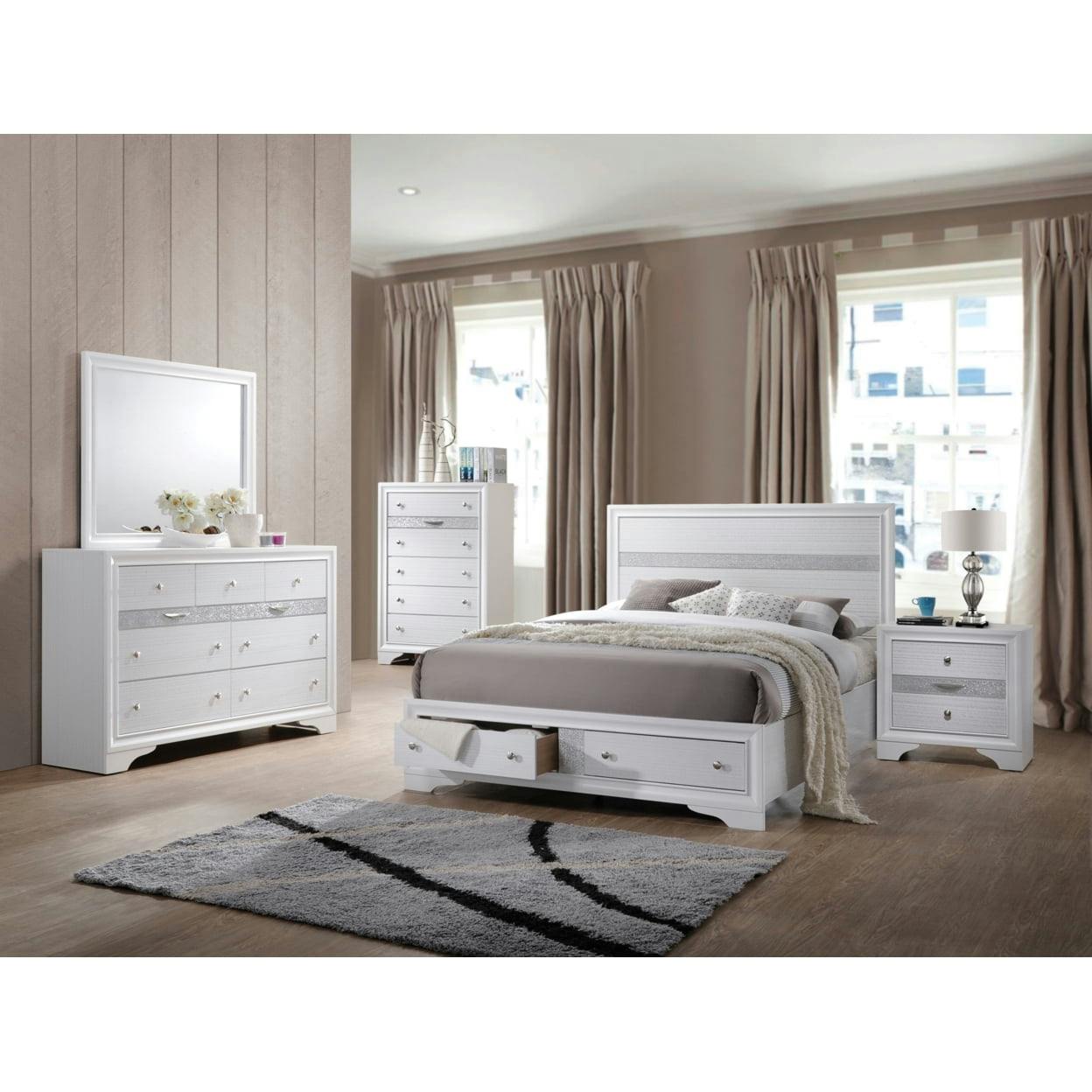 Naima White Queen Storage Bed with Wood Headboard and 2 Drawers
