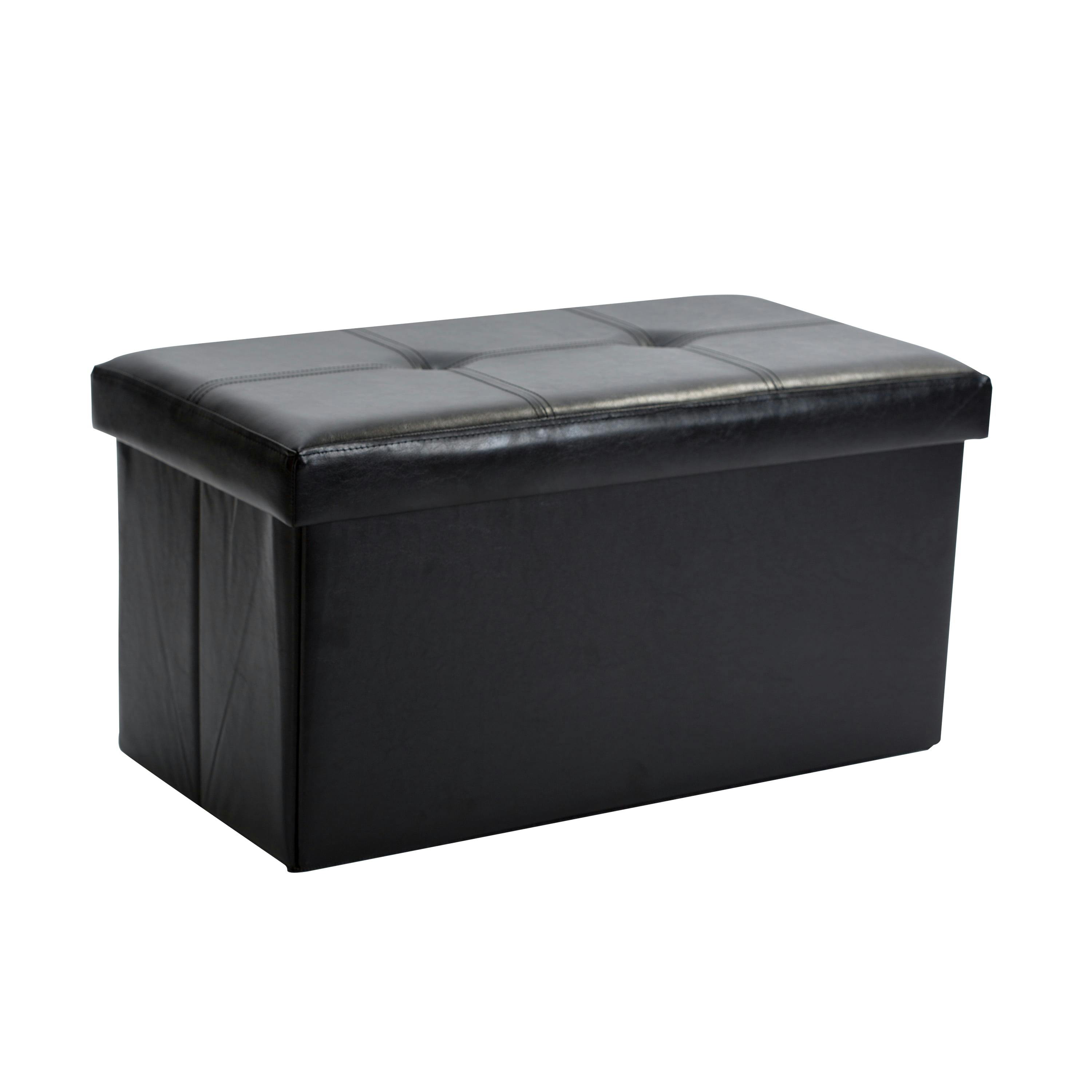 Black Faux Leather Collapsible Storage Ottoman with Tufted Top