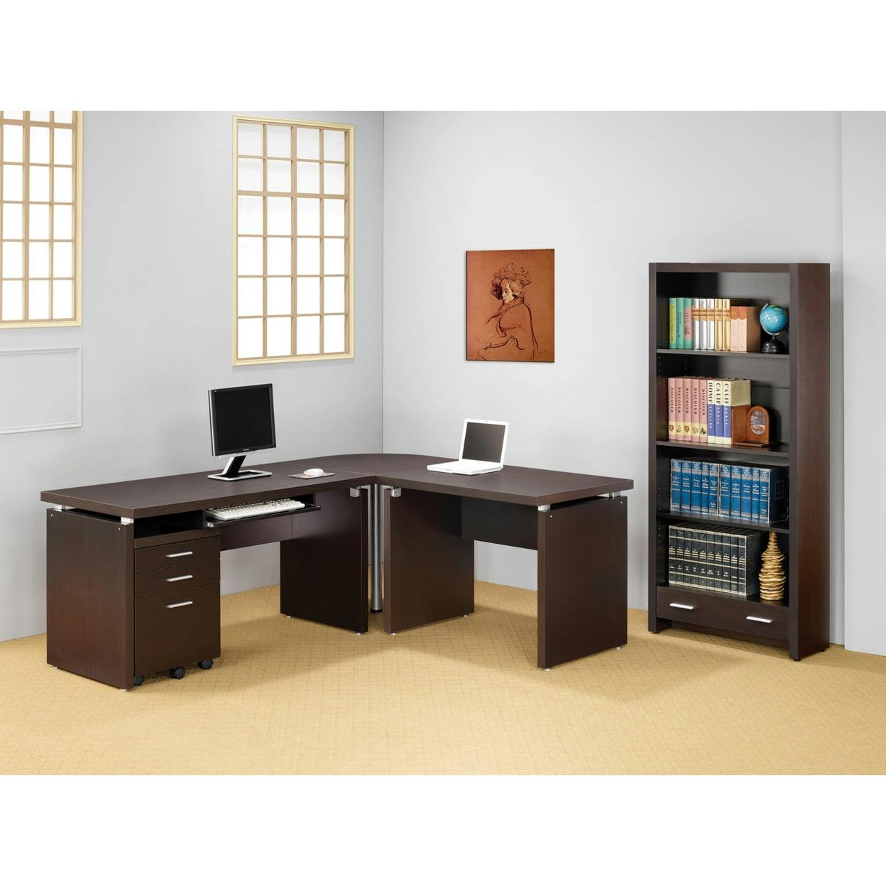 Espresso Transitional Home Office Desk with Keyboard Tray and Filing Cabinet