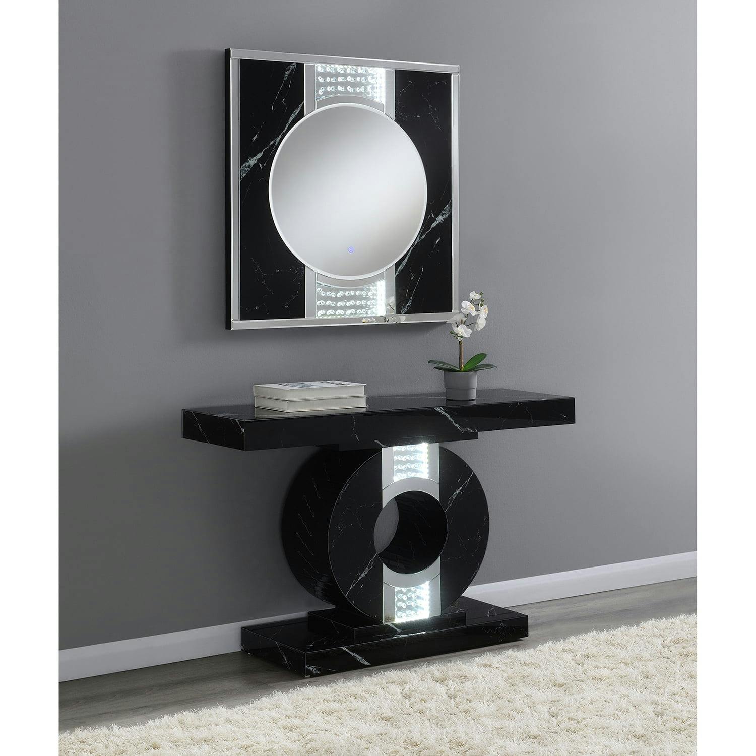 Contemporary Black Round LED Wall Mirror with Silver Accents