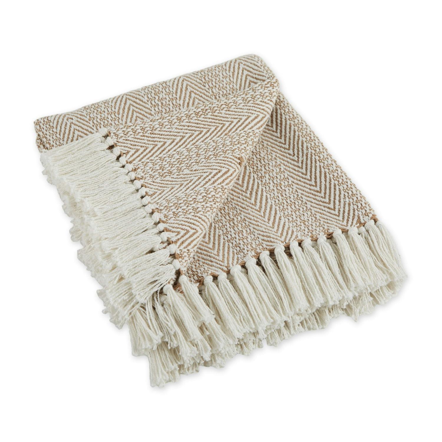 Herringbone Stripe Stone Cotton Throw Blanket, 50x60 with Fringe