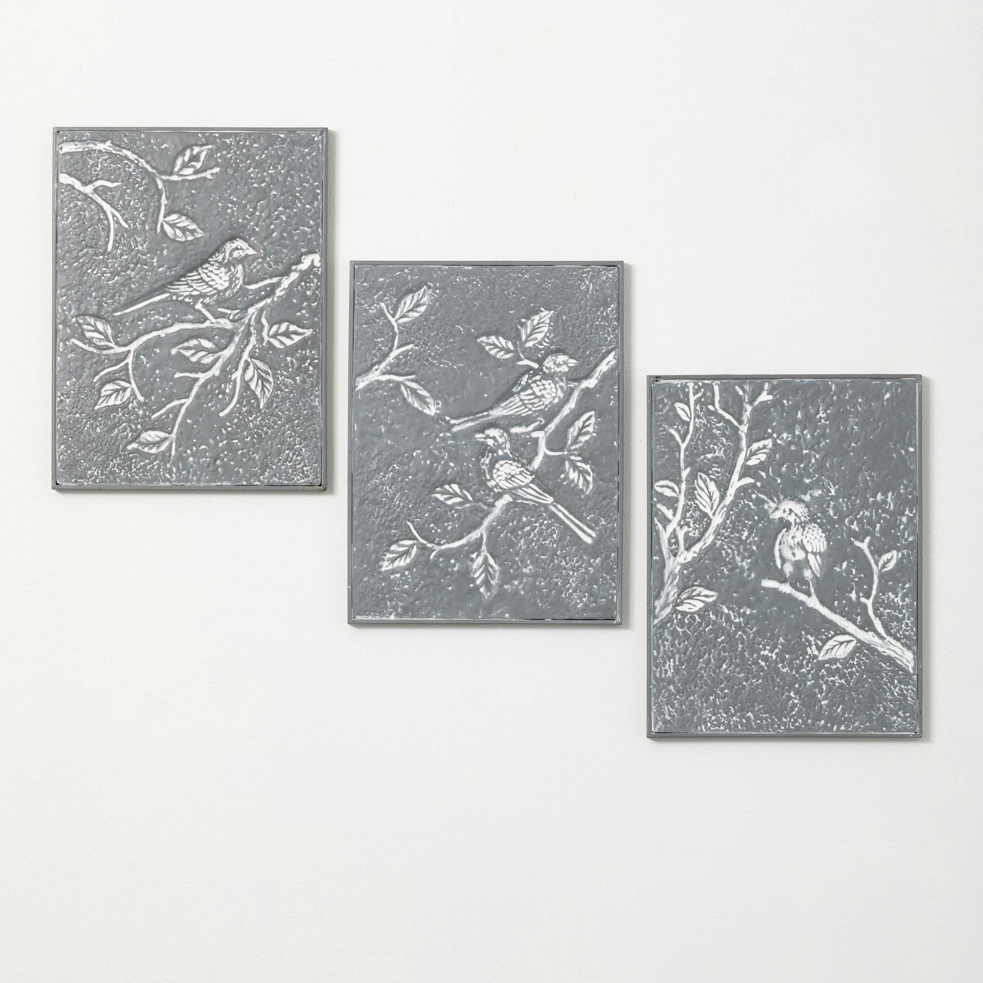 Triptych Bird & Botanic Etched Metal Panels, 16.25"H Gray-Washed