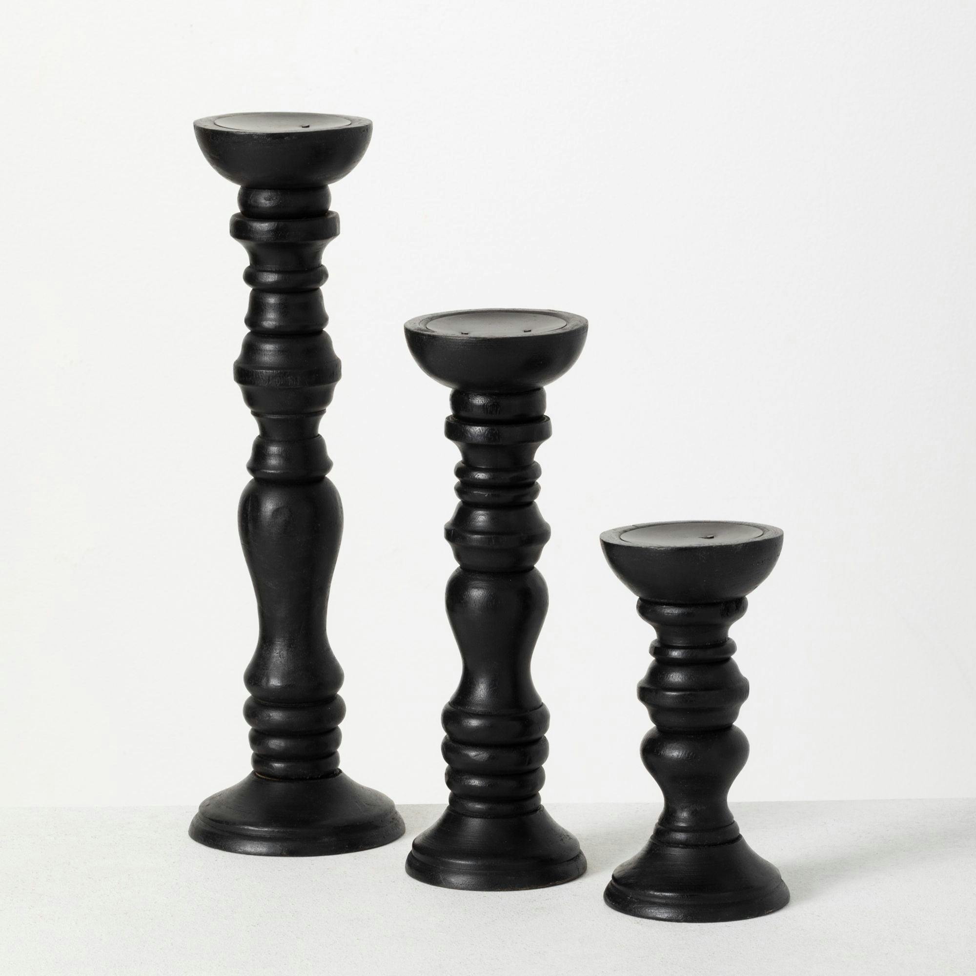 Curvaceous Black Mango Wood Candlestick Trio, 16.5" Height