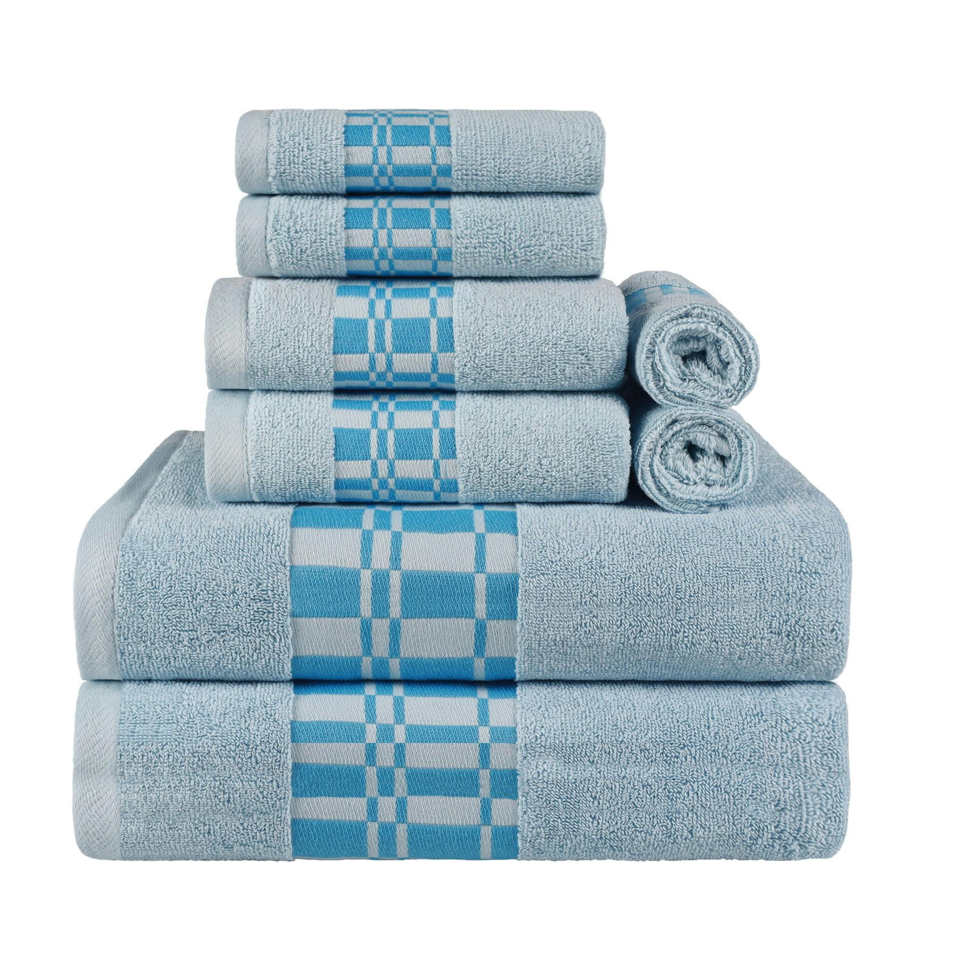 Luxurious Light Blue 8-Piece Cotton Bath Towel Set with Geometric Border