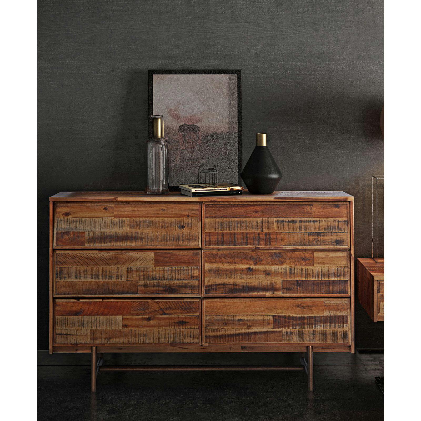 Contemporary Brown Acacia 6-Drawer Dresser with Brass Legs