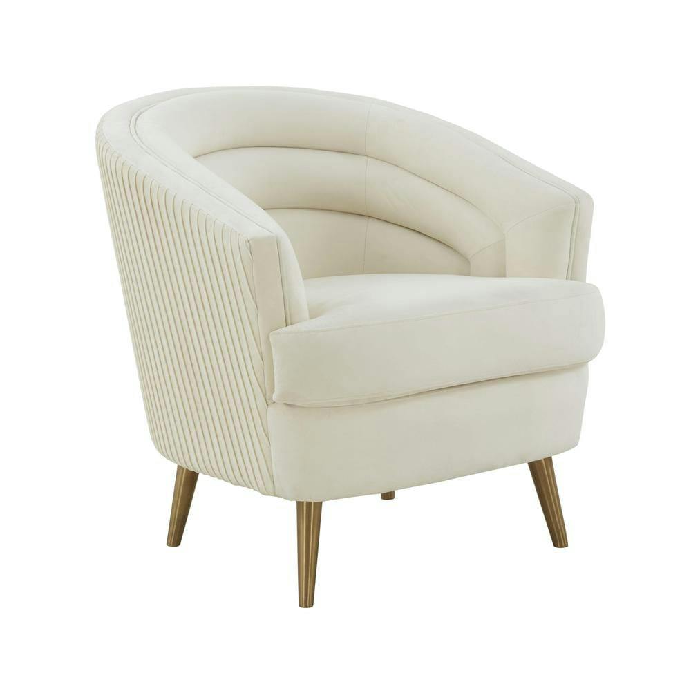 Handcrafted Cream Velvet Barrel Accent Chair with Wood Accents