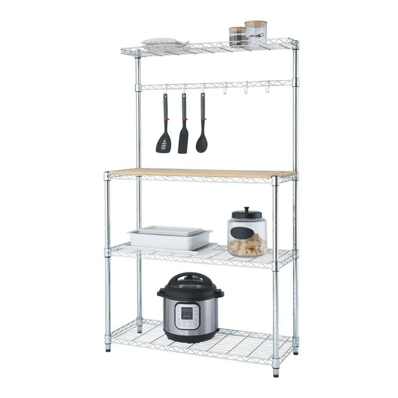 Adjustable Chrome 36x14x60 Baker's Rack with Bamboo Work Surface