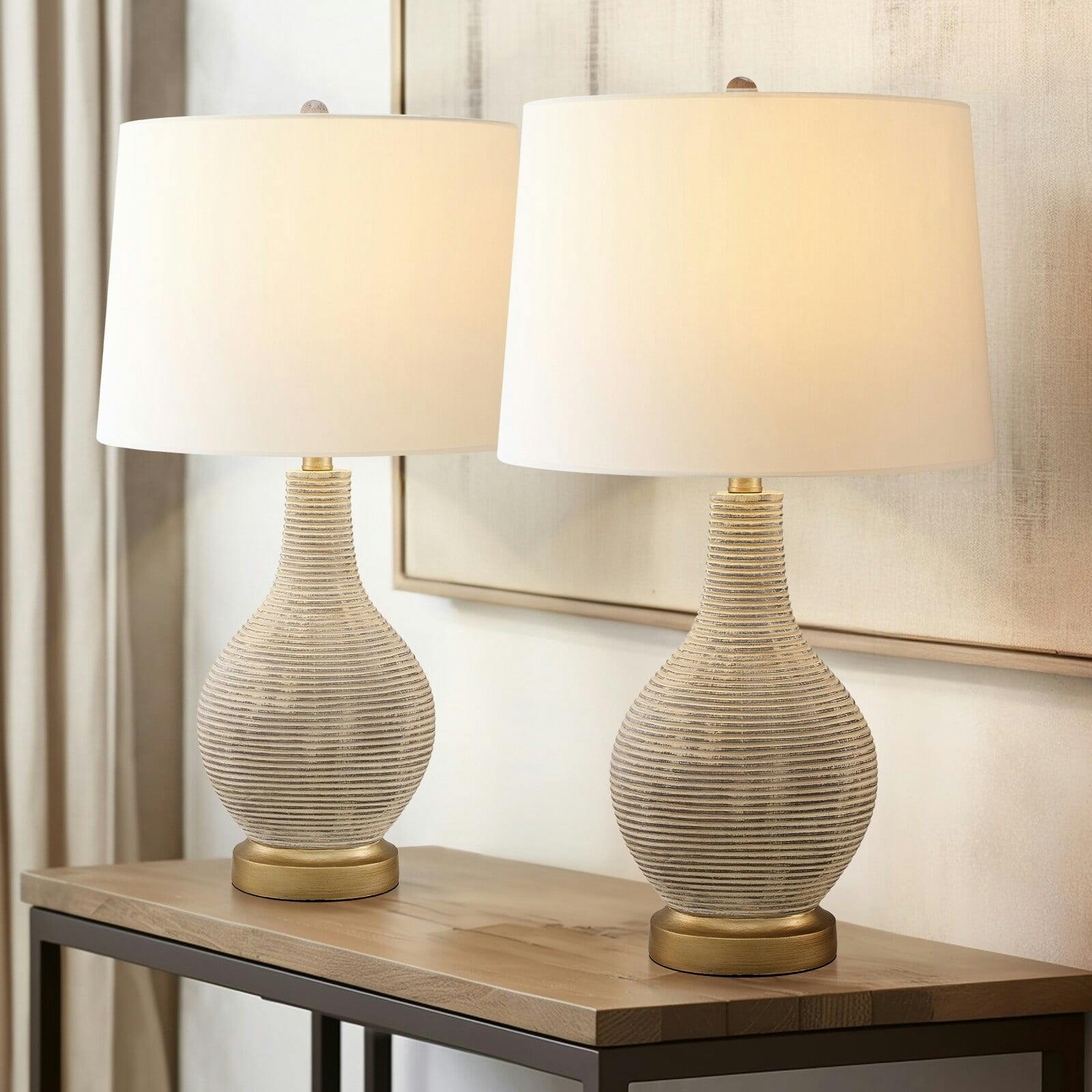 Elegant Beige and Gold 24.5" Farmhouse Table Lamp Set with White Linen Shades