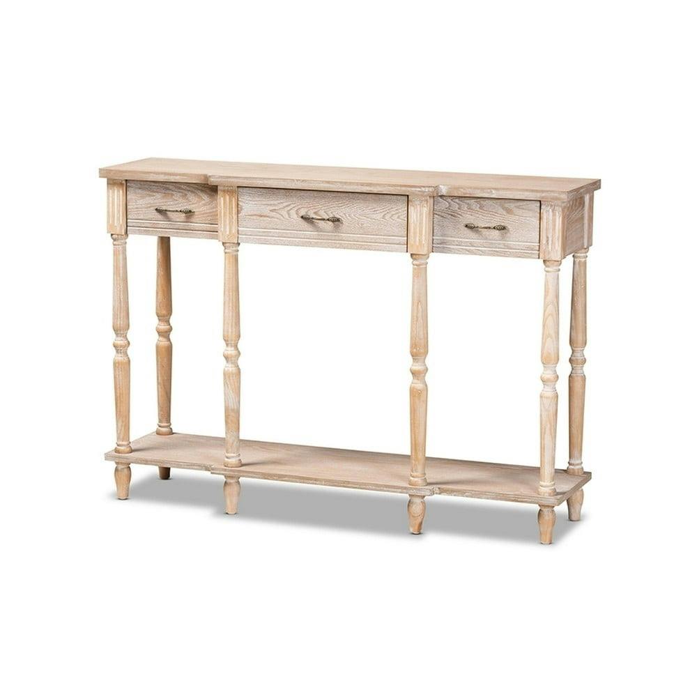 Whitewashed Oak Brown Wood & Metal 3-Drawer Console Table with Storage