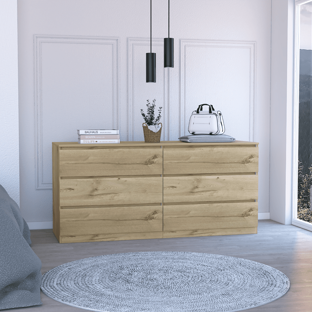 Luminous Light Oak & White 6-Drawer Double Dresser with Woody Accents