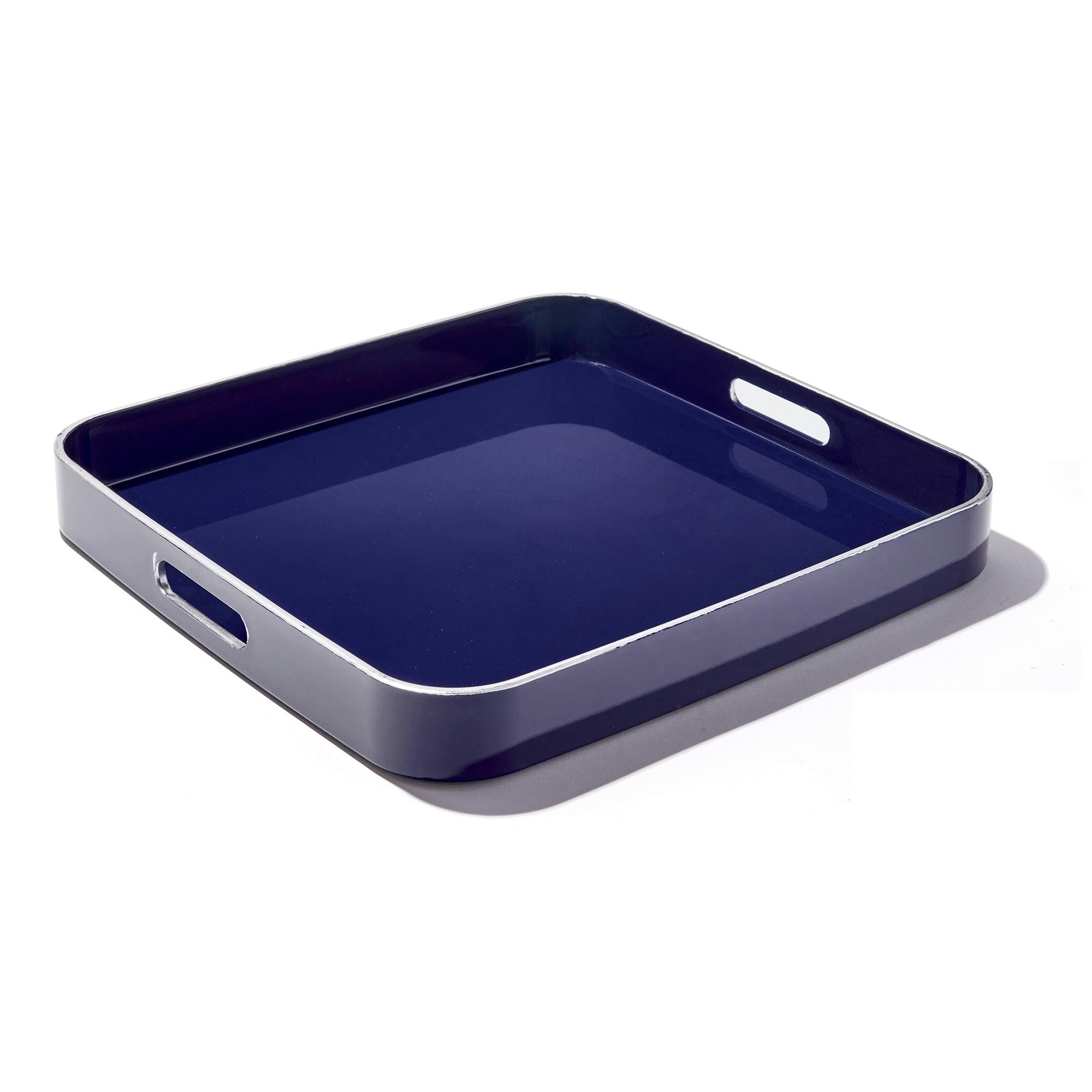 Navy Blue Polished Polypropylene Square Serving Tray with Silver Rim, Set of 2