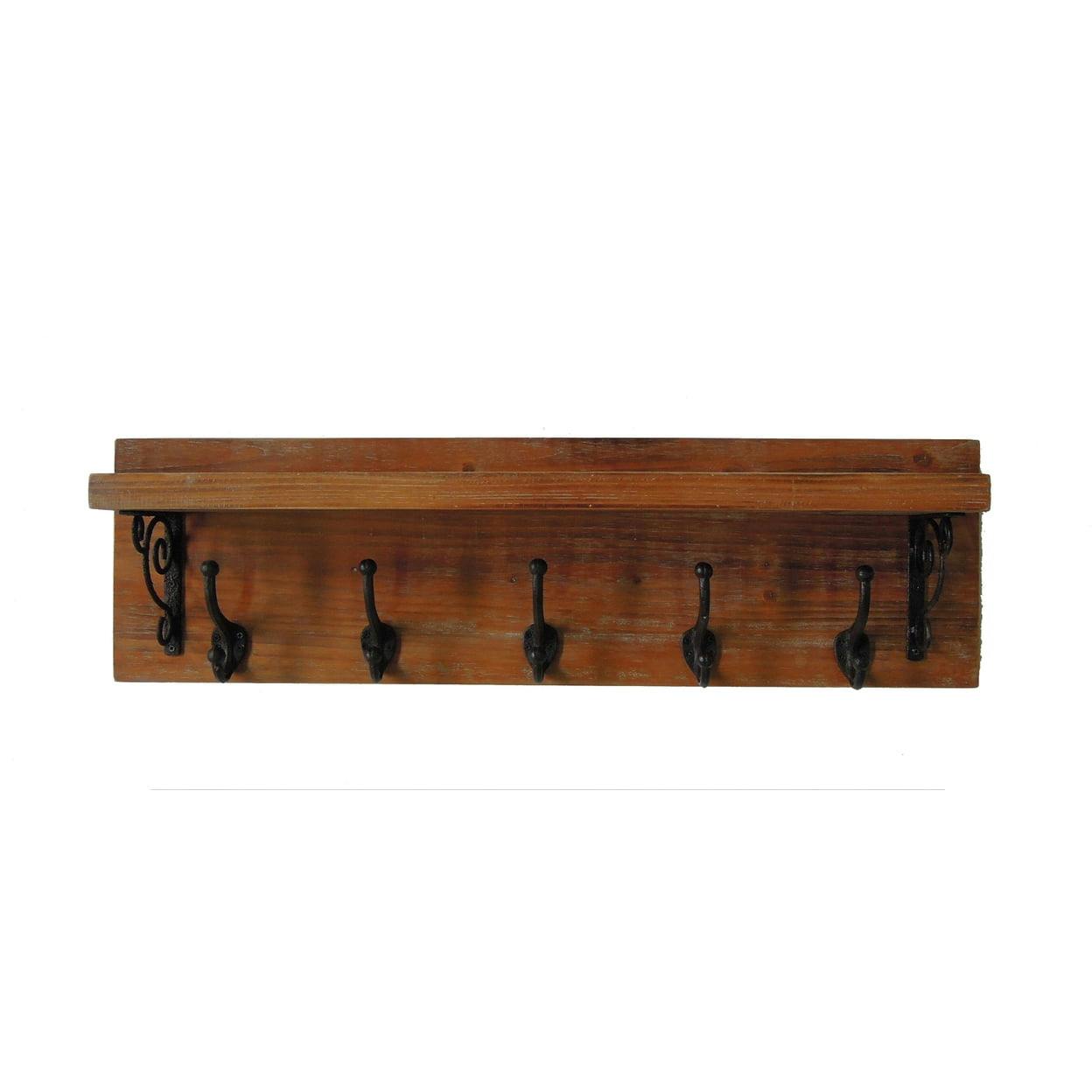 Victoria Natural Wood Wall Shelf with Metal Hooks - 42"