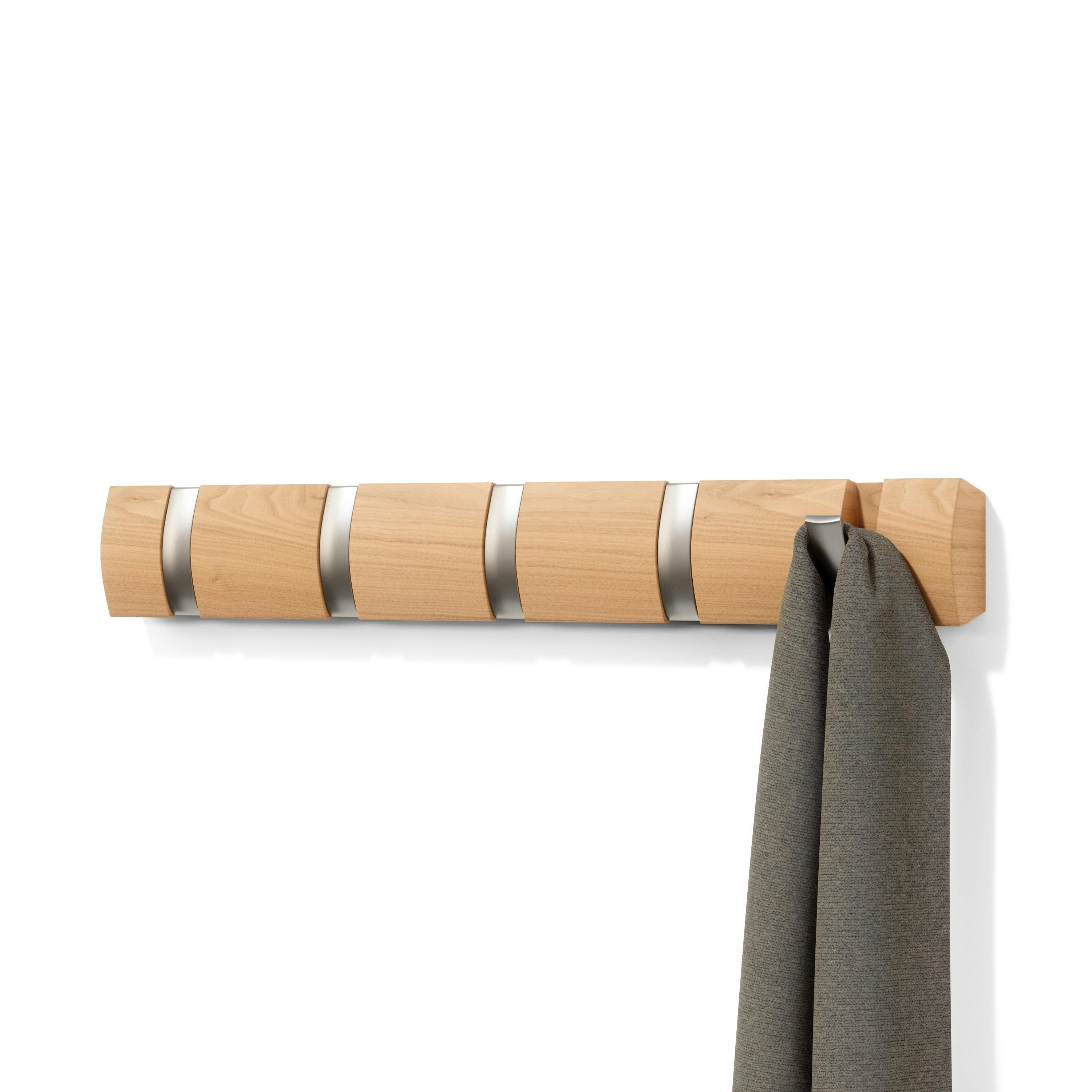 Flip 5-Hook Natural Solid Wood Wall-Mounted Coat Rack