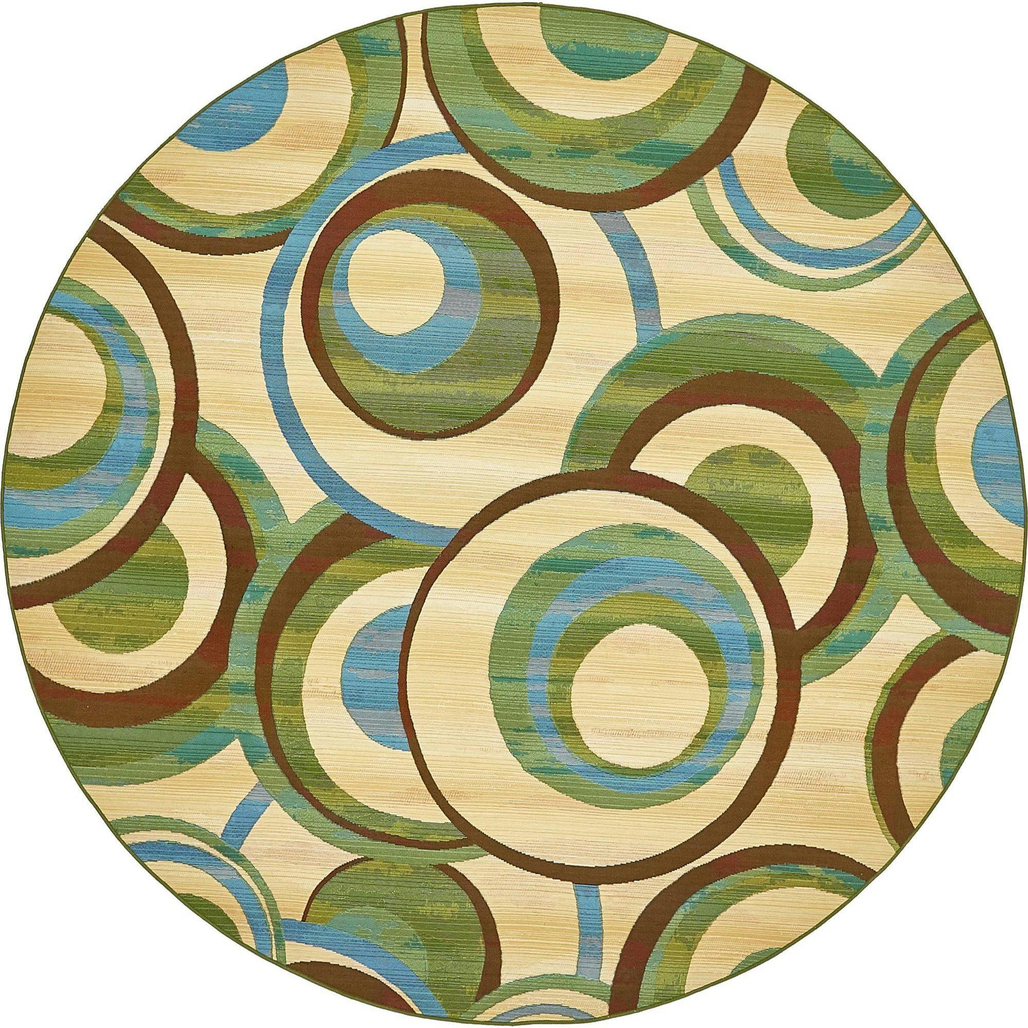 Modern Abstract Blue and Beige 8' Round Synthetic Outdoor Rug