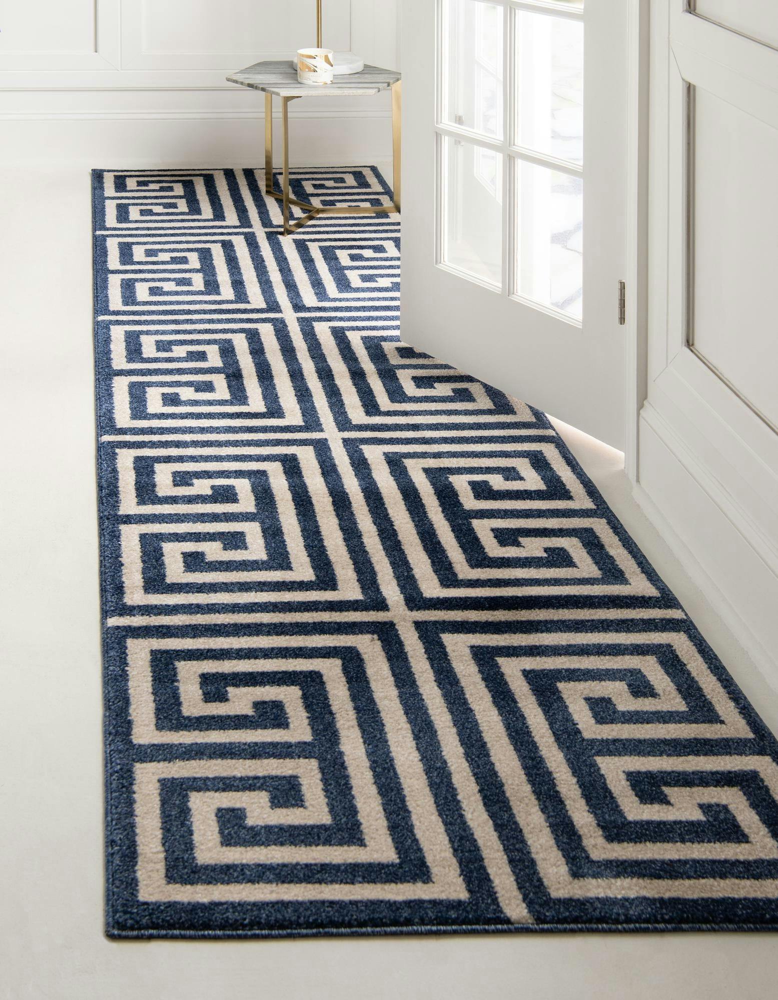 Navy Blue Geometric Stain-Resistant Synthetic Runner Rug