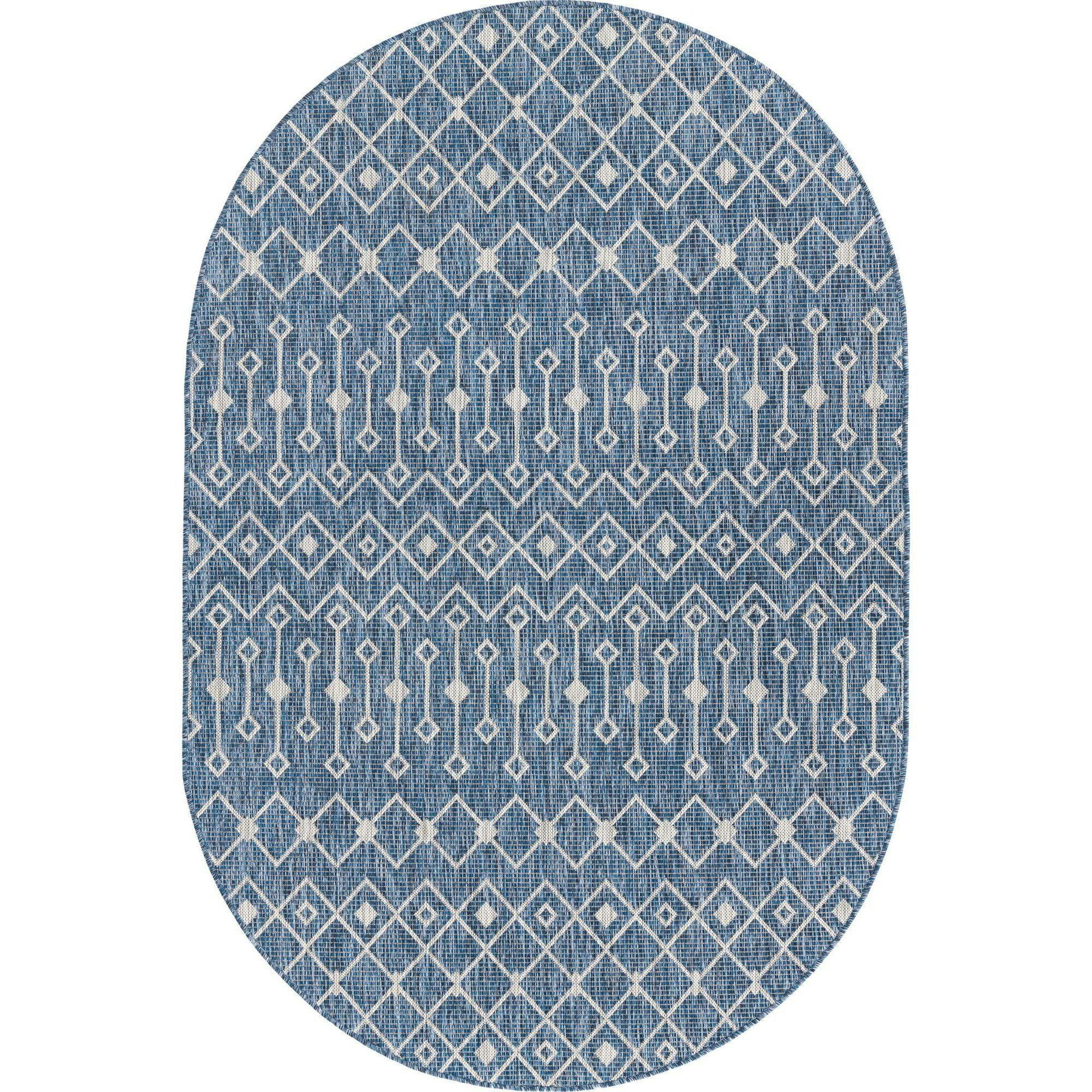 Blue Trellis 5' x 8' Oval Easy-Care Synthetic Outdoor Rug