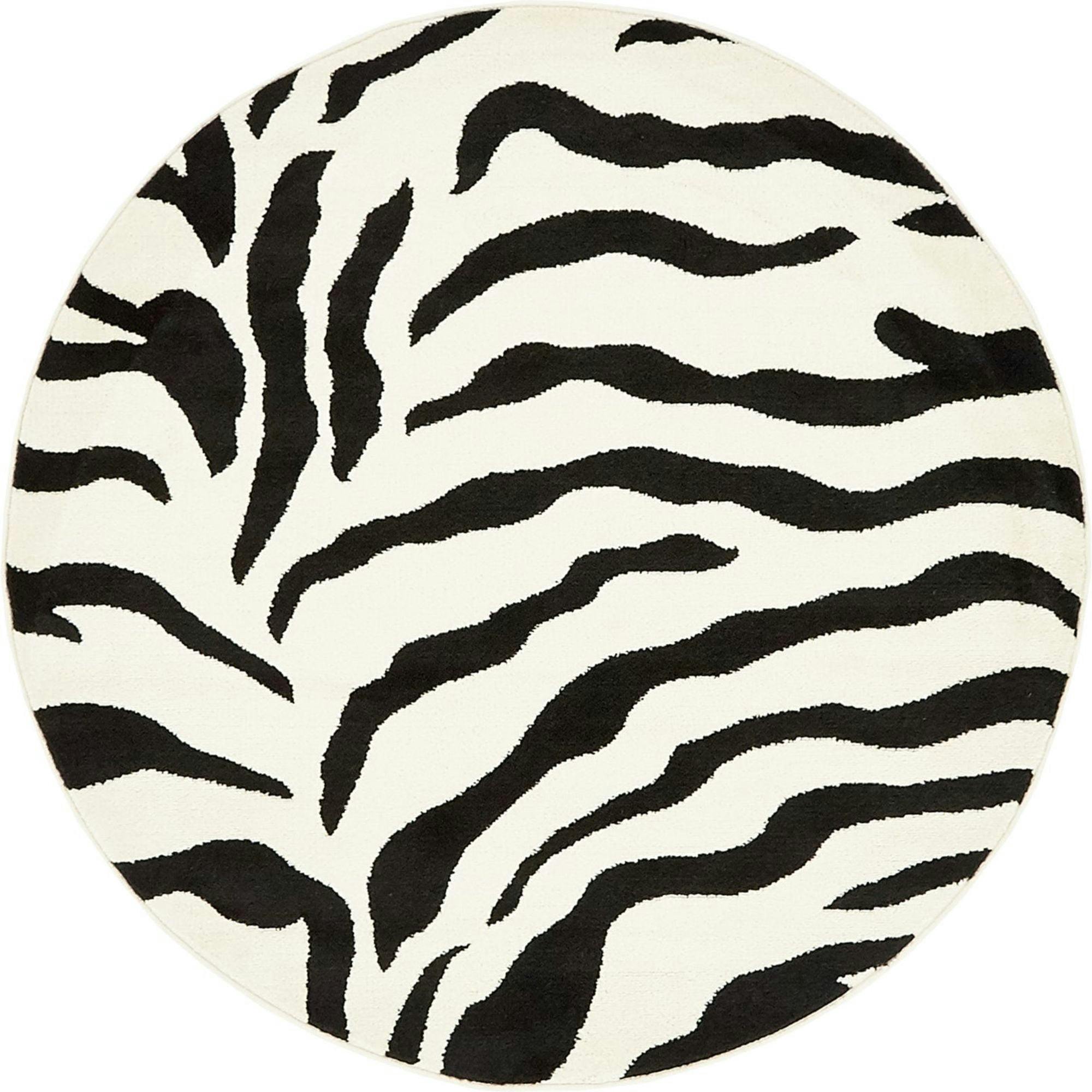 Safari Charm Round Ivory & Black Zebra Print Area Rug, 4' Diameter