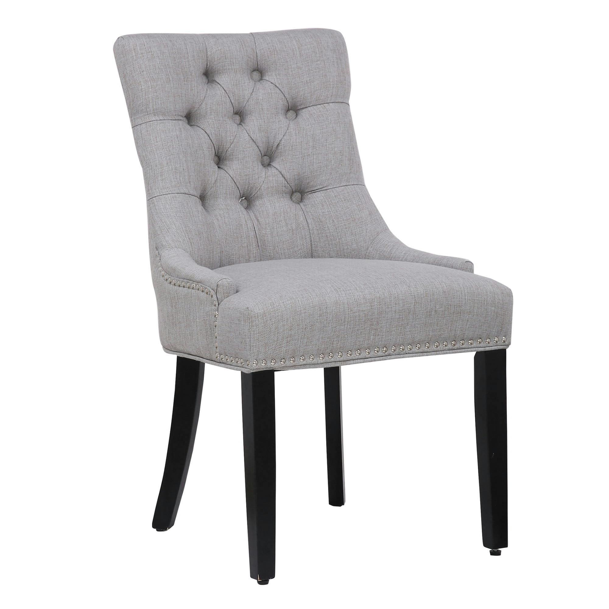 Elegant Gray Linen Upholstered High-Back Side Chair with Wood Accents